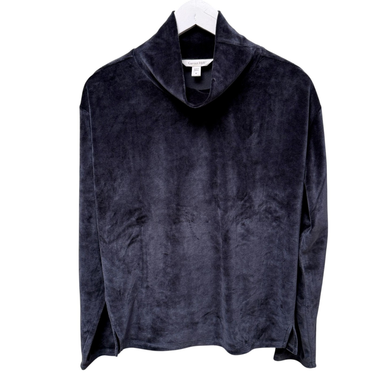 GARNET HILL Velour Top Size Medium Slate Blue Cotton Modal Mock Turtleneck 
