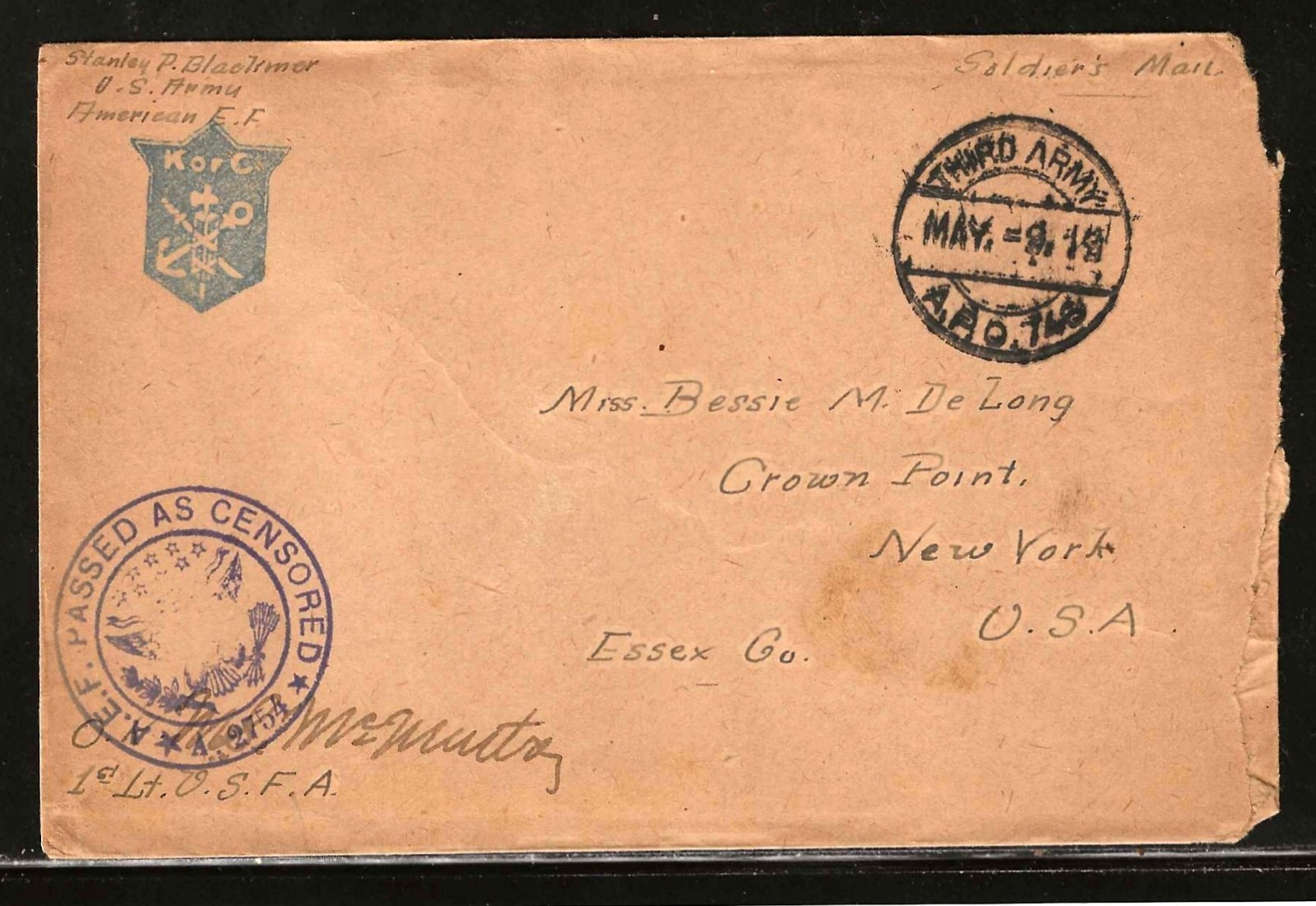 1918 WWI - SOLDIERS CENSORED LETTER - THIRD ARMY - K OF C ENVELOPE - TO NEW YORK