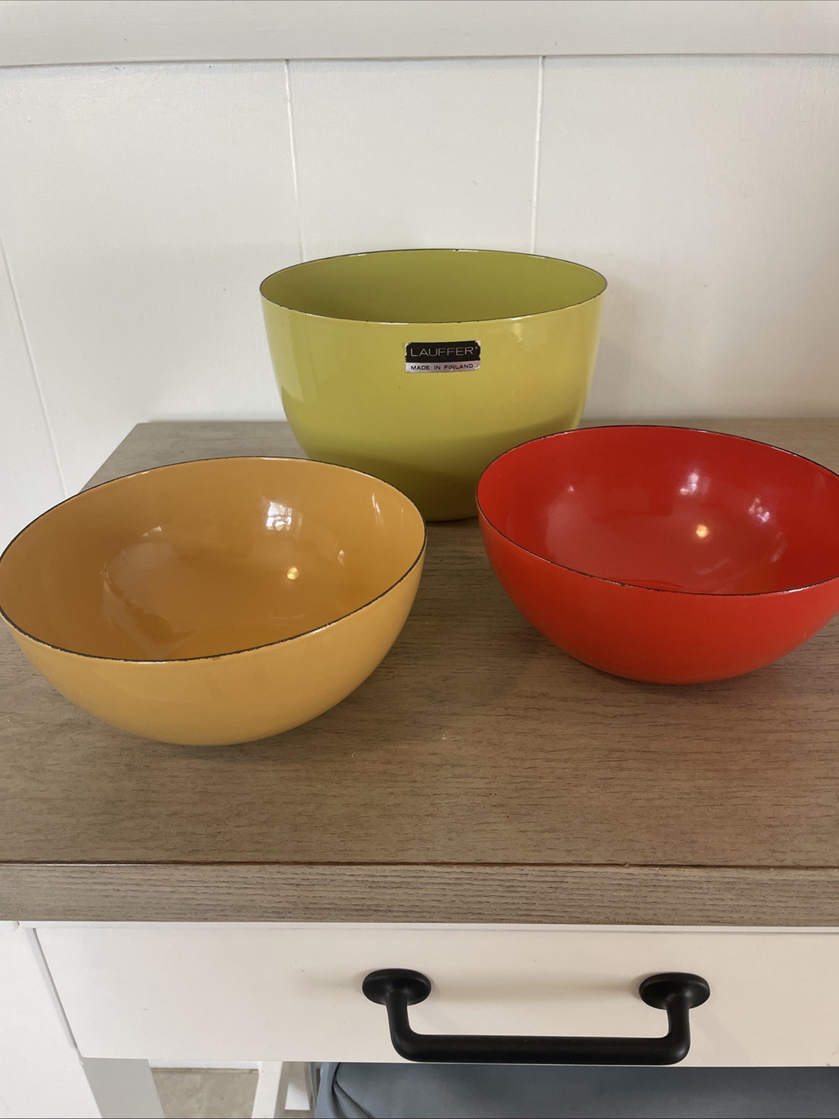 RARE KAJ Franck Lauffer Enamel Bowl Set 3 Wonderful Condition Great MCM Colors RARE KAJ Franck Lauffer Enamel Bowl Set 3 Wonderful Condition Great MCM Colors