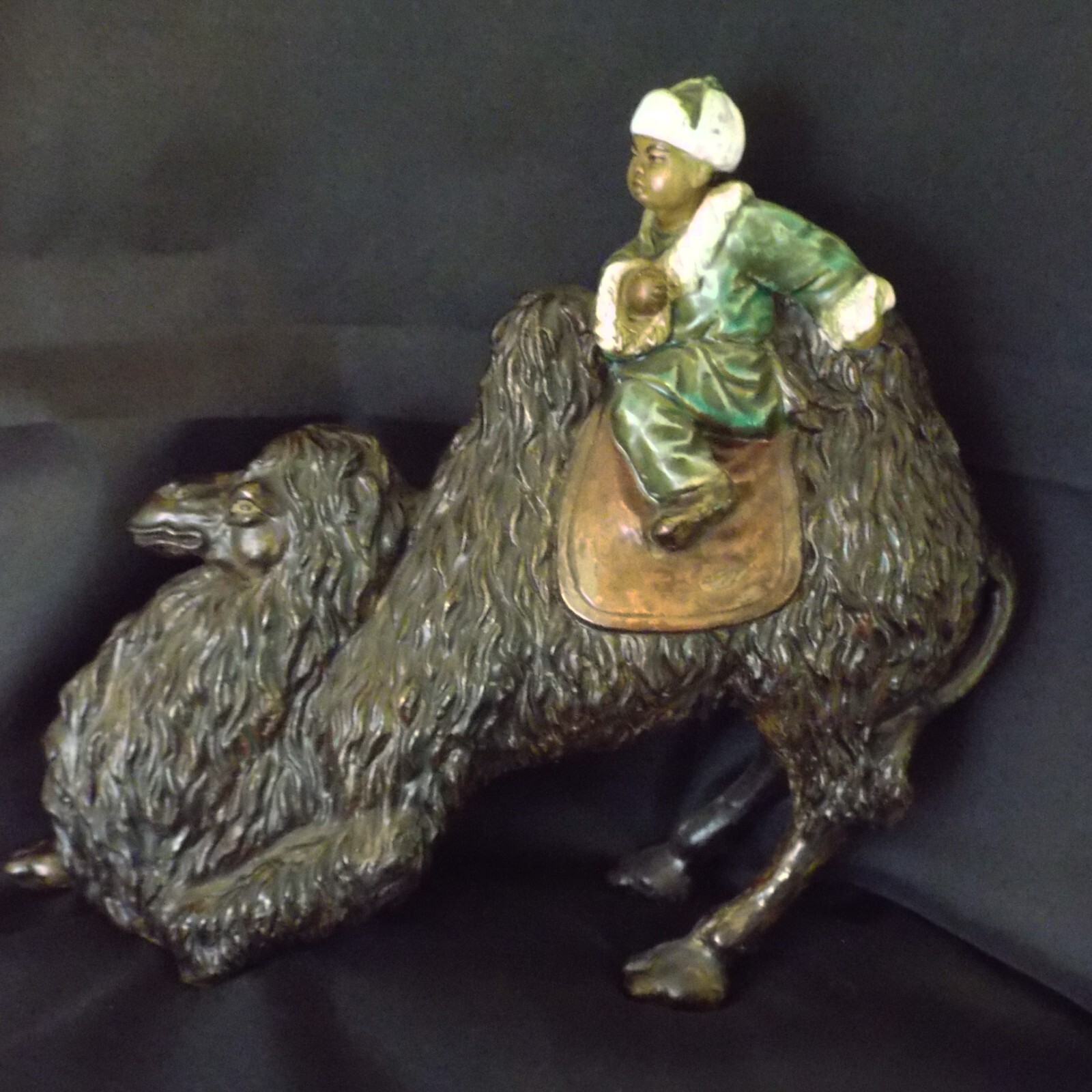 DEFECTIVE ANTIQUE SIGNED CAMEL BOWING DOWN MONGOL CHINESE RIDING ENAMEL  G3D
