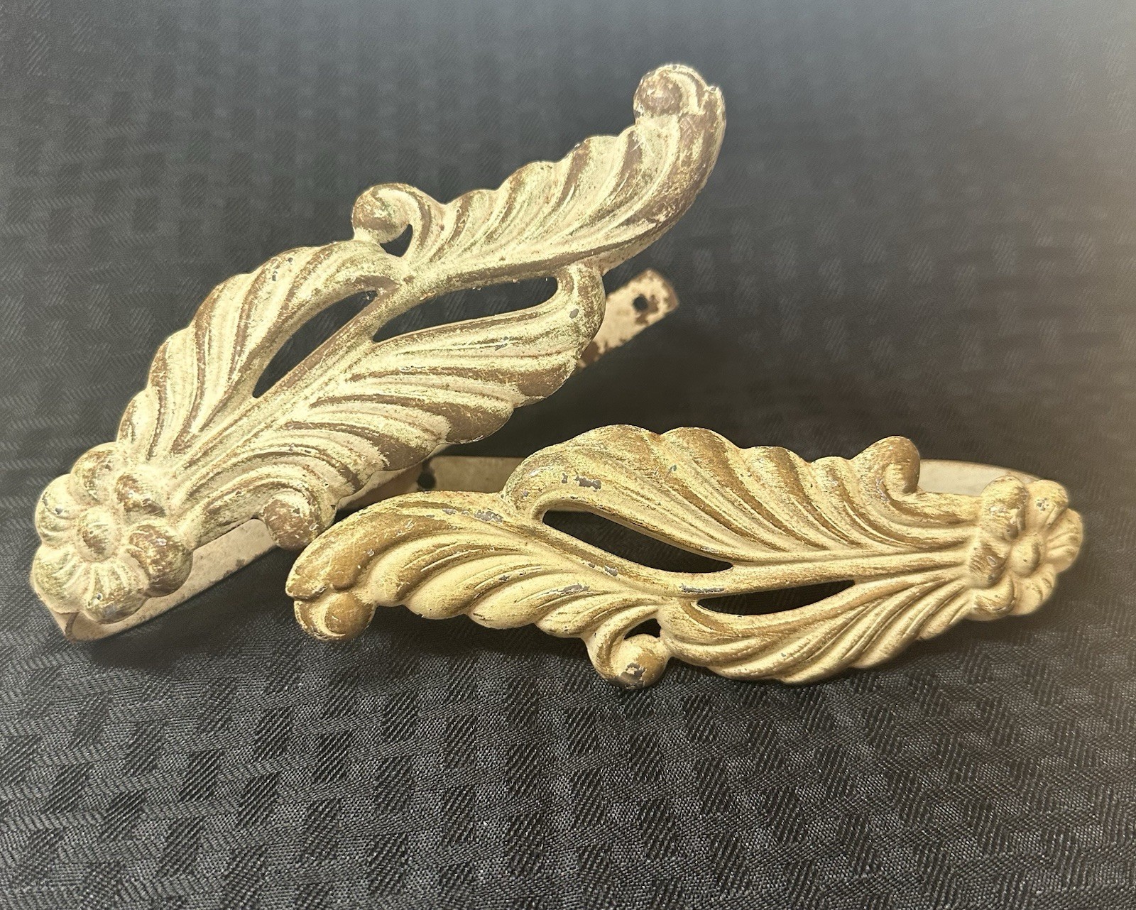 Vintage French Shabby Chic Two Curtain Tiebacks Floral Botanical Ornate Metal 