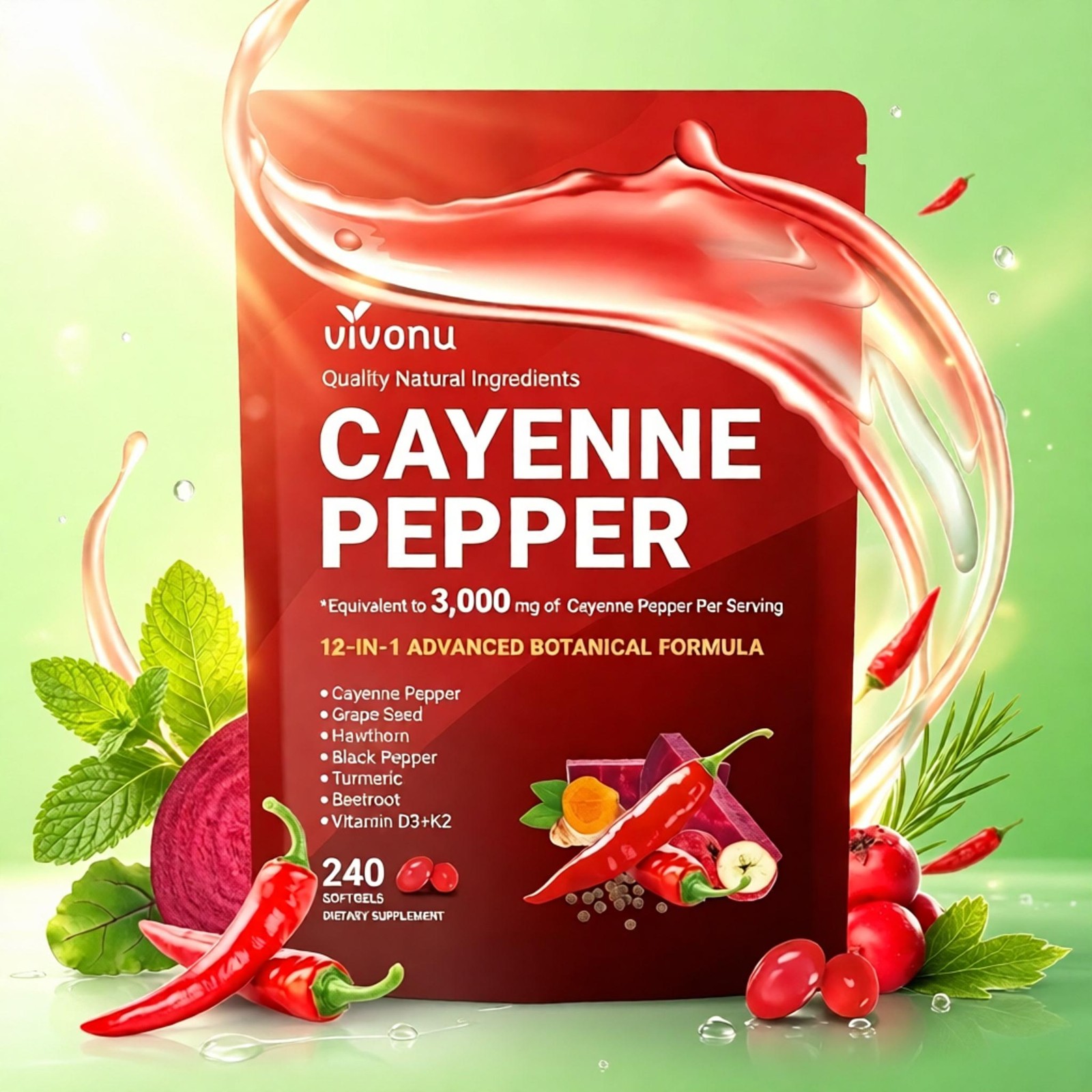 Cayenne Pepper Softgels 3000mg, 12-in-1 Heart & Circulation Support 240 Capsules