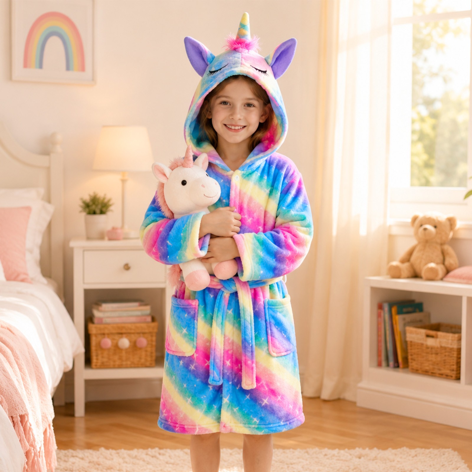 Girls Hooded Bathrobe Fuzzy Rainbow Star Unicorn Sleepwear Kids Pajamas Gift