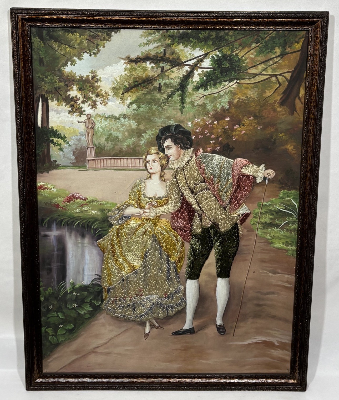 Antique Georgian Style Couple Silk Stumpwork Embroidery & Oil Painting on Silk