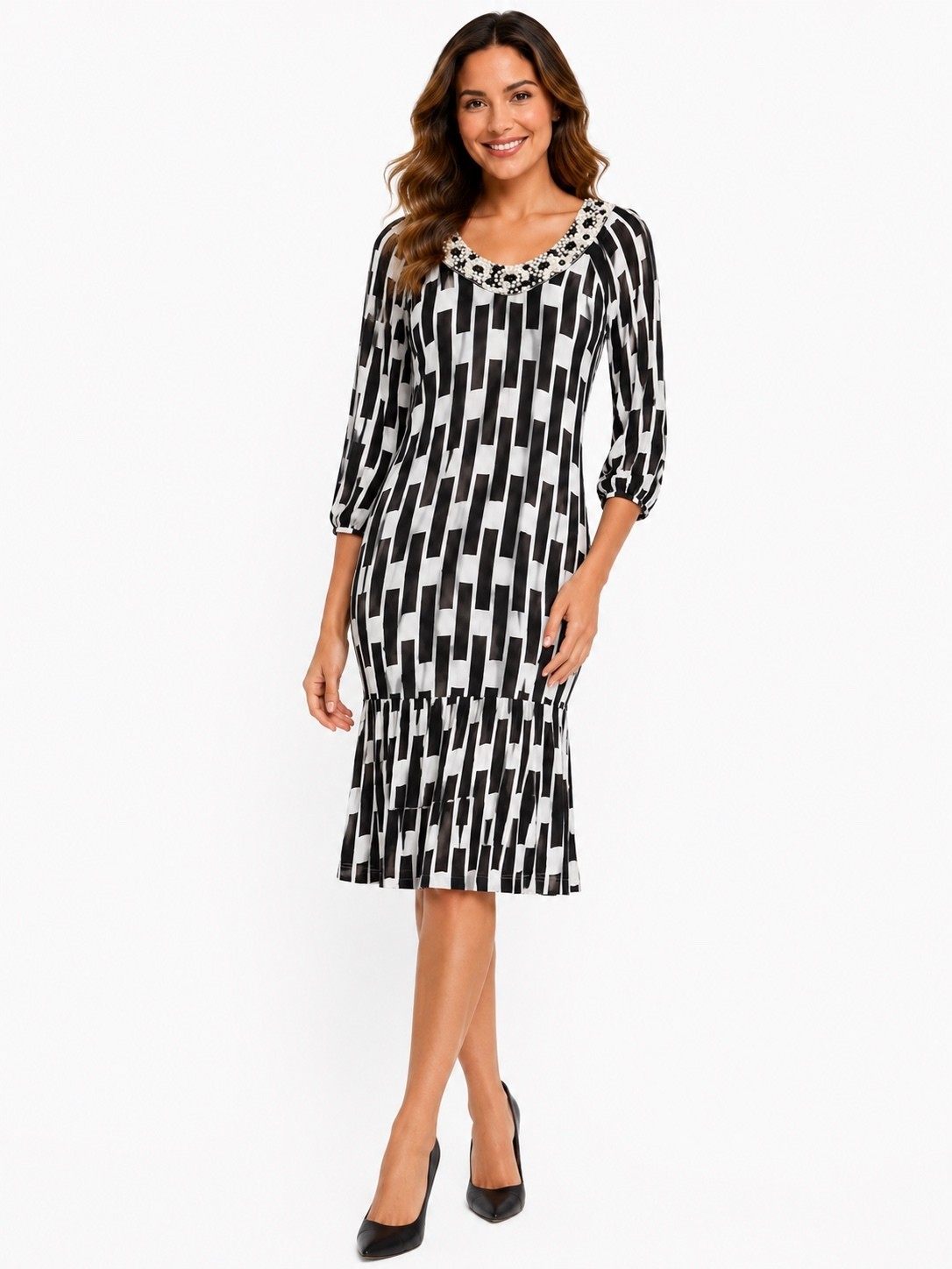 BCBGMAXAZRIA Subway Tile Black and White Beaded Neckline Dress Size L