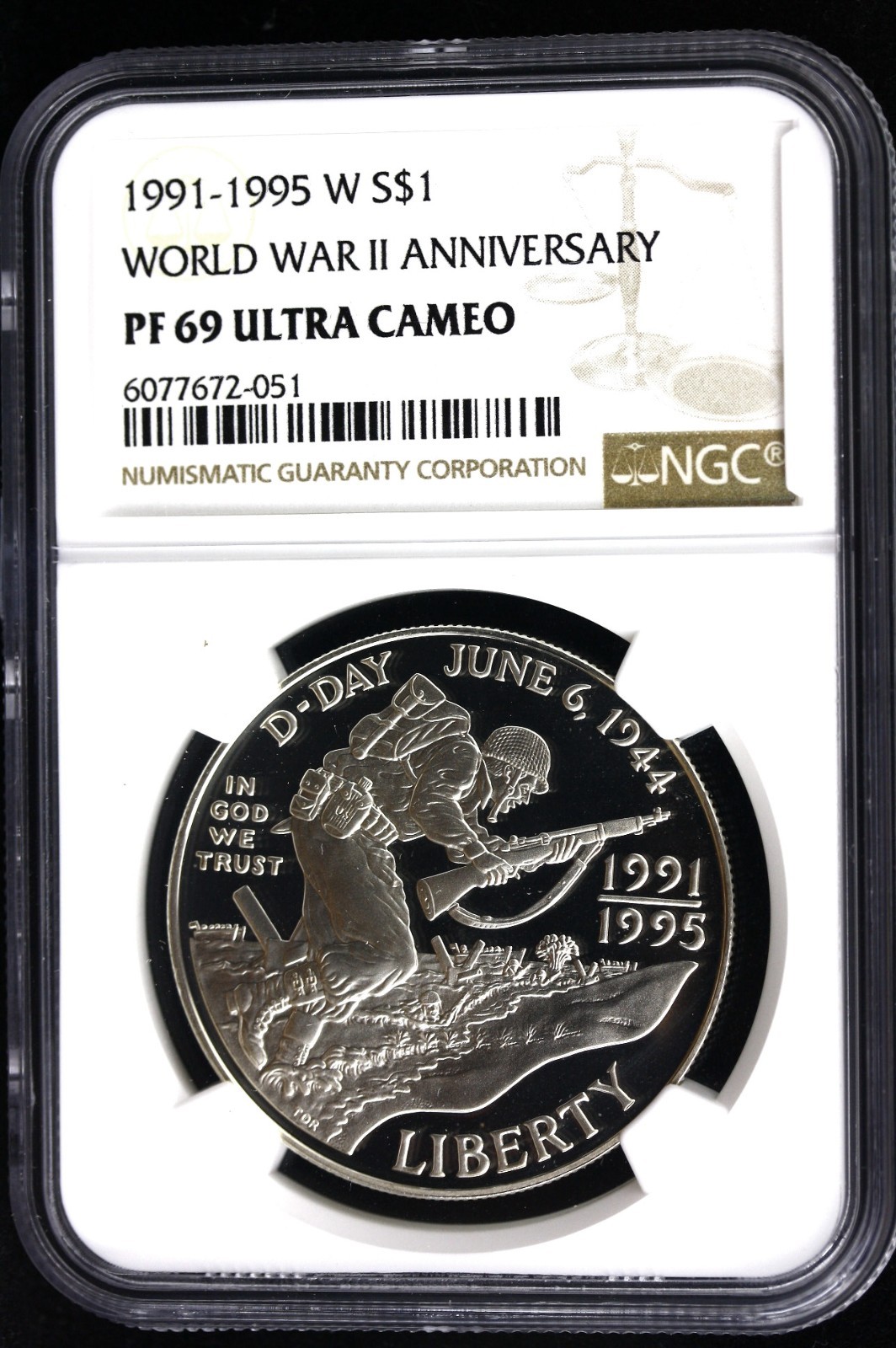 1991-1995 W  $1 WORLD WAR II ANNIVERSARY COMMEMORATIVE SILVER COIN, NGC PF69