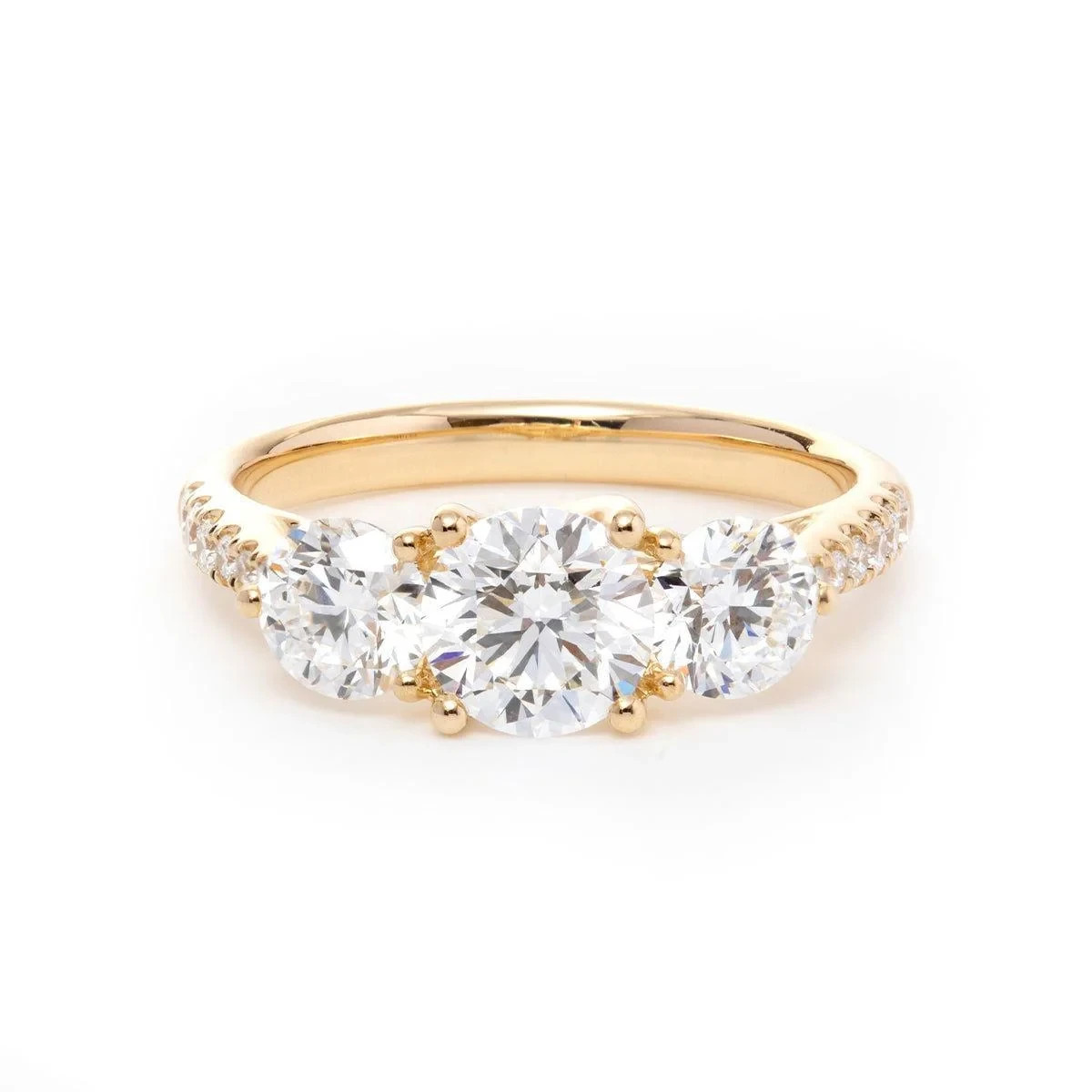 IGI 4.25 Ct Round Cut EF/VS1 Lab Grown Diamond Three Stone Ring 14K Yellow Gold