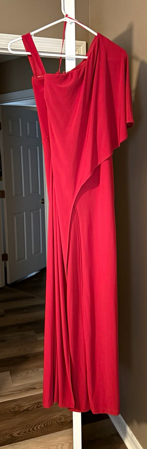 R&M Richards Red One Shoulder Short Sleeve Solid Maxi Dress Zip Women 10