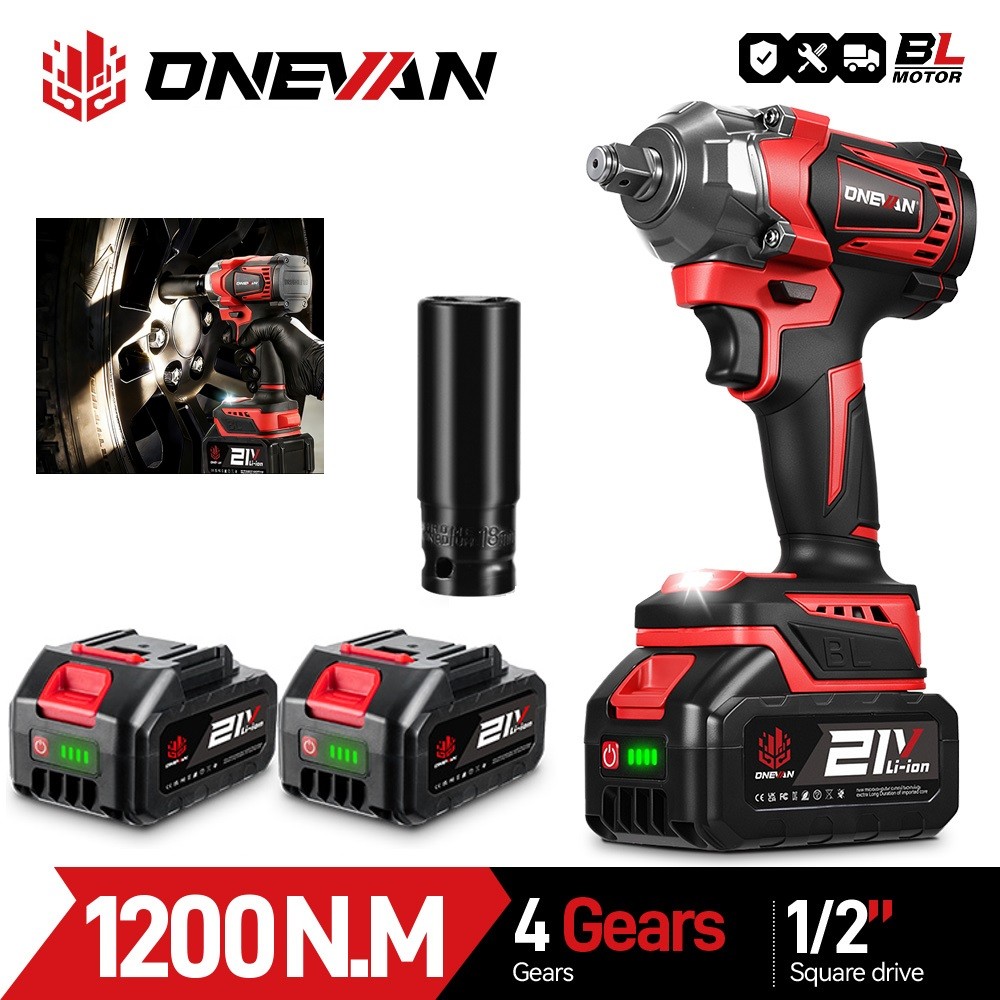 ONEVAN 1/2 Impact Gun Cordless Wrench Driver Brushless 1200Nm with 2 Battery
