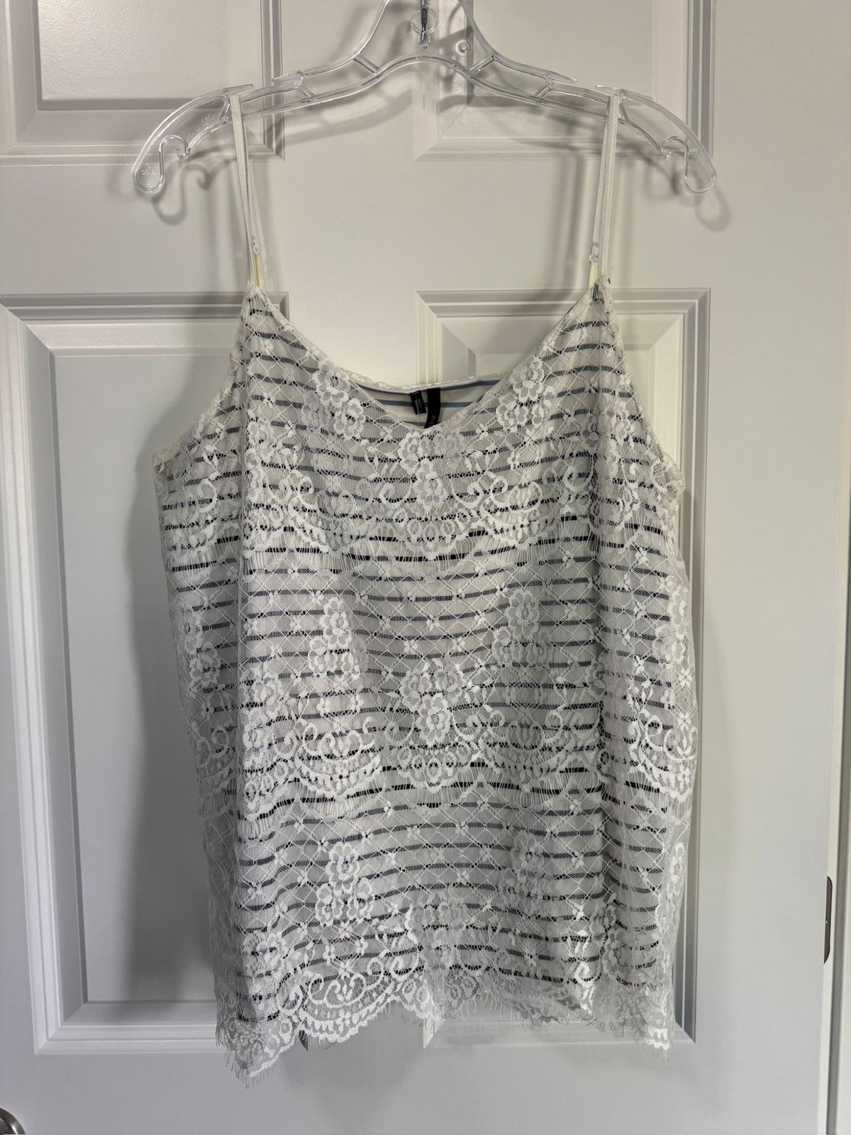Maurices Camisole Tank Top Floral Lace Overlay Ivory Blue Striped Women\'s XL Maurices Camisole Tank Top Floral Lace Overlay Ivory Blue Striped Women\'s XL