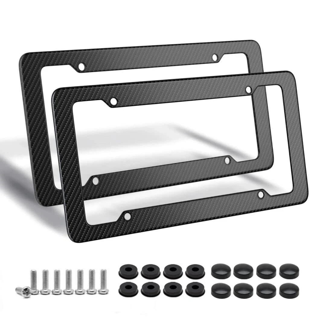 Black Carbon Fiber License Plate Frame 2 Pack Glossy Waterproof Plastic Number