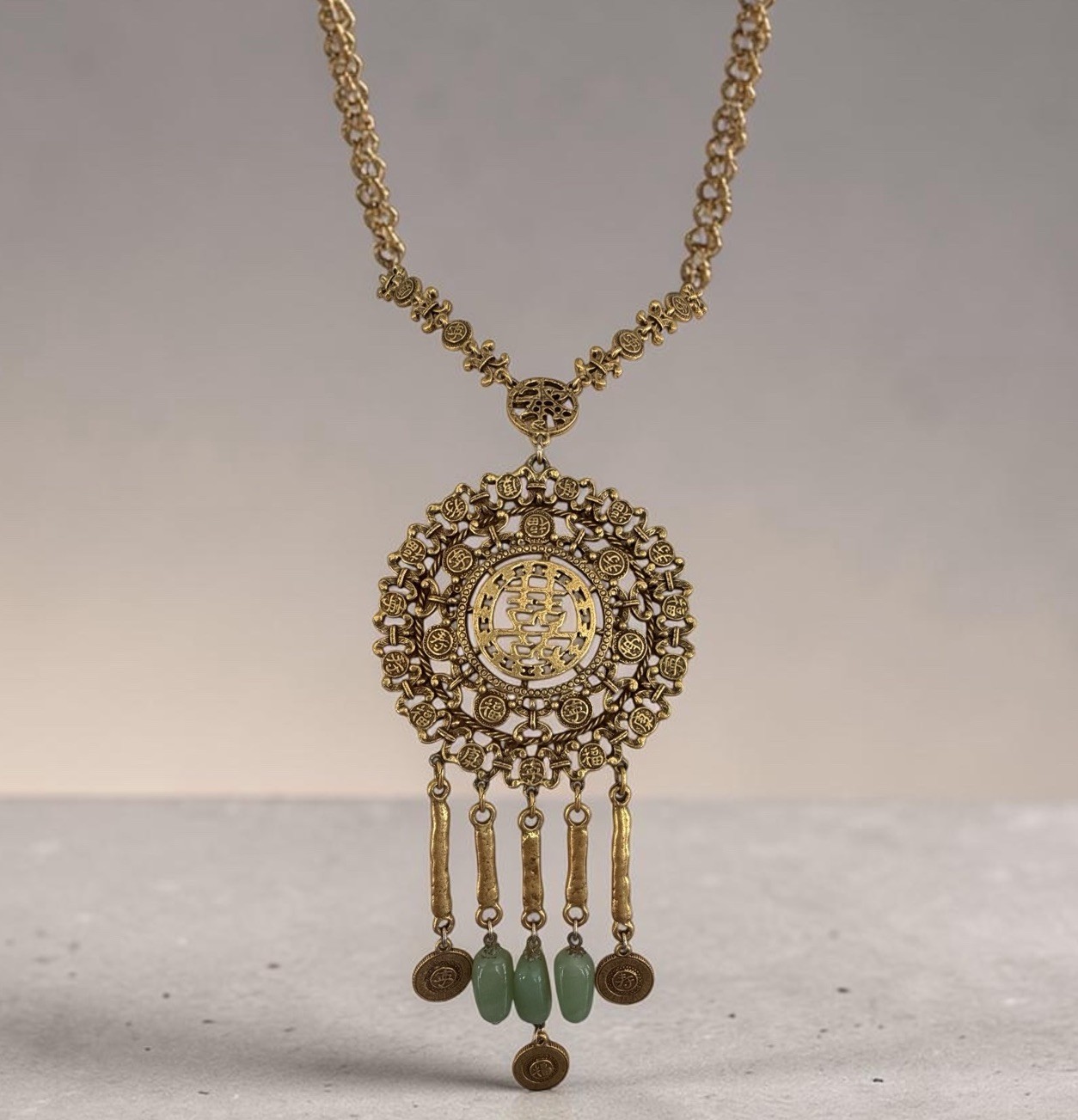 Vintage Signed Goldette Gold Tone Asian Statment Faux Jade Dangles Necklace Art