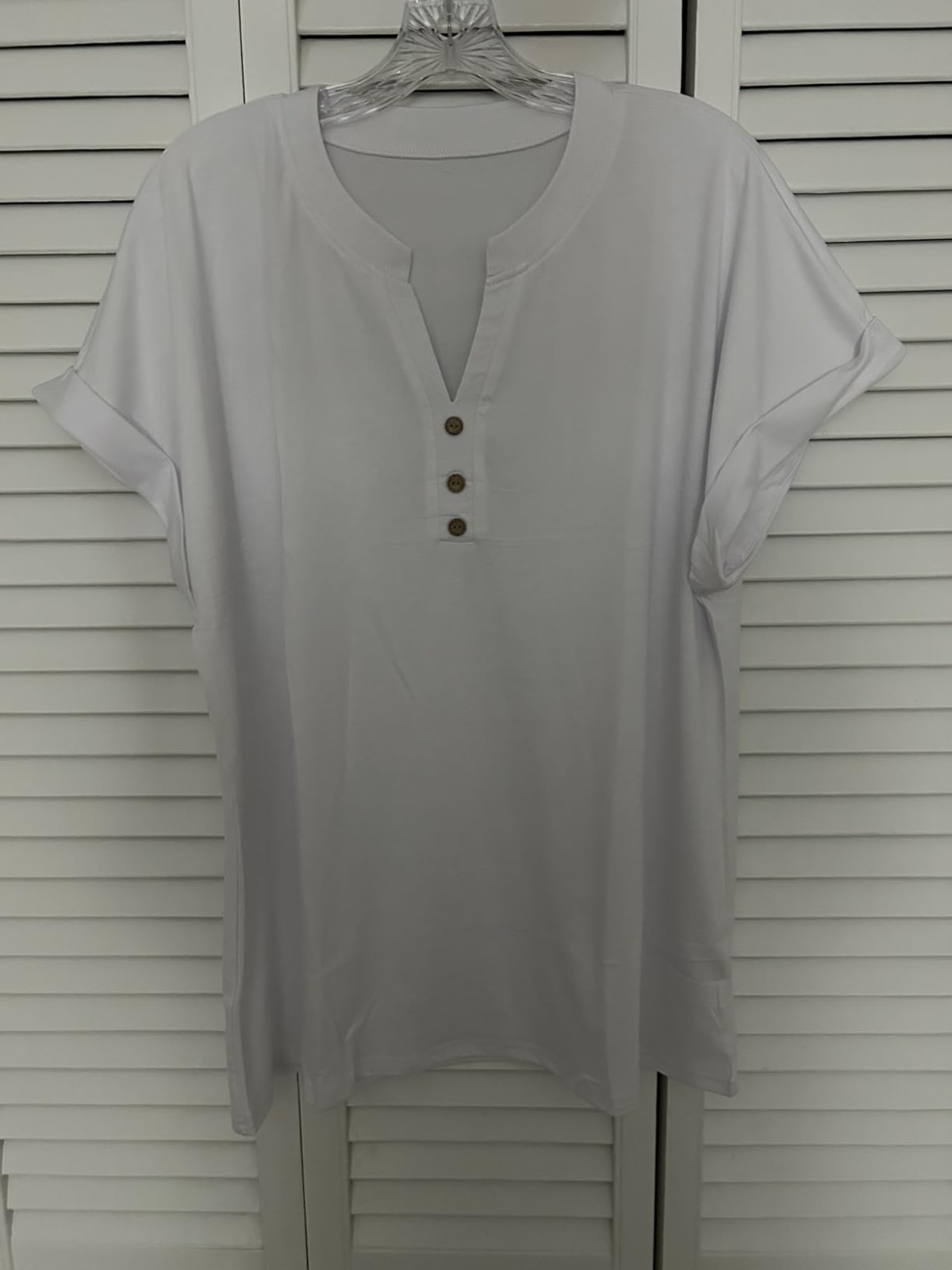Women’s White Solid Split Neck Short Sleeve Pullover T-Shirt w/ Button Accent