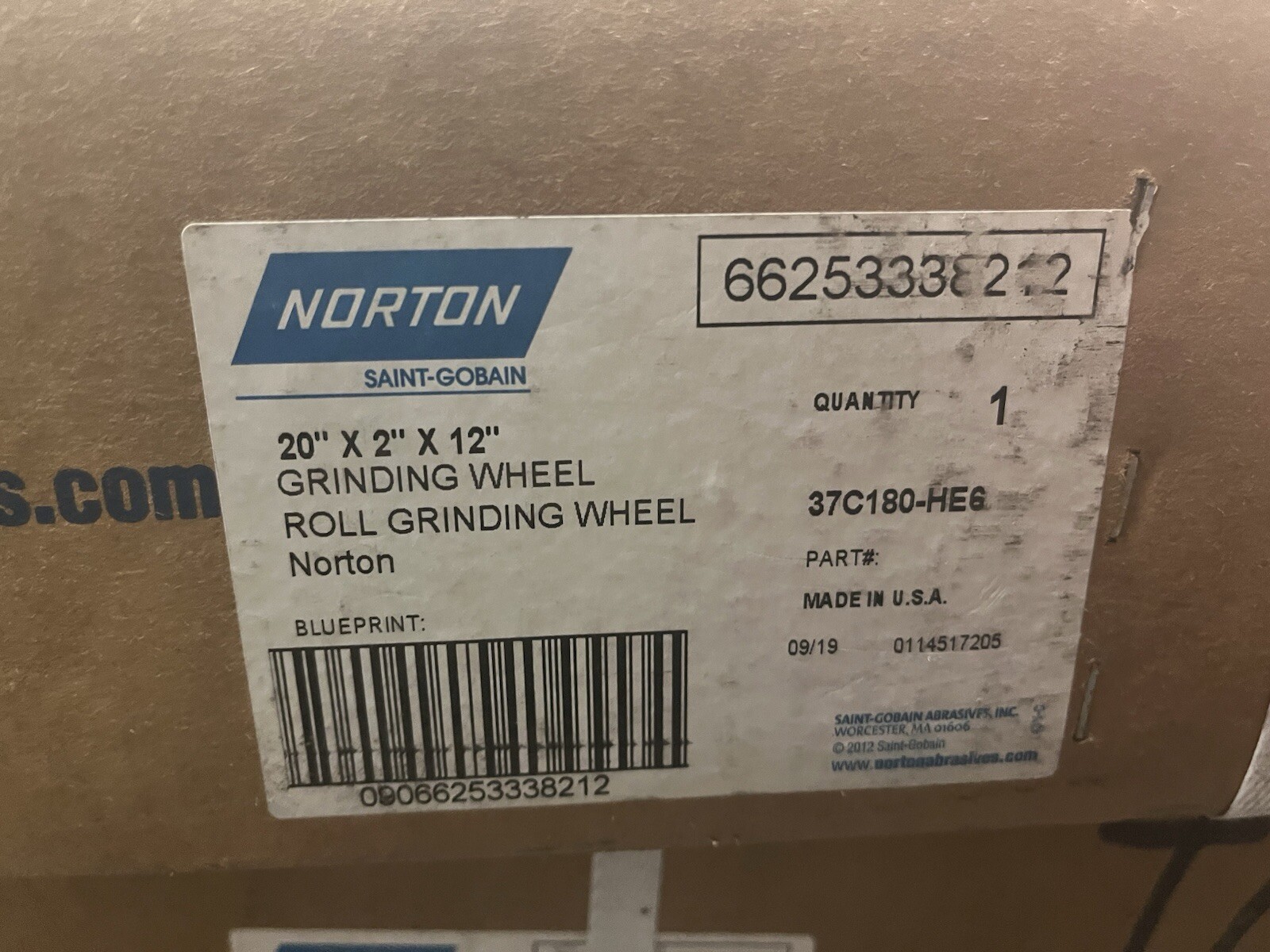 NORTON,37C180-HE6,ROLL GRINDING WHEEL 20