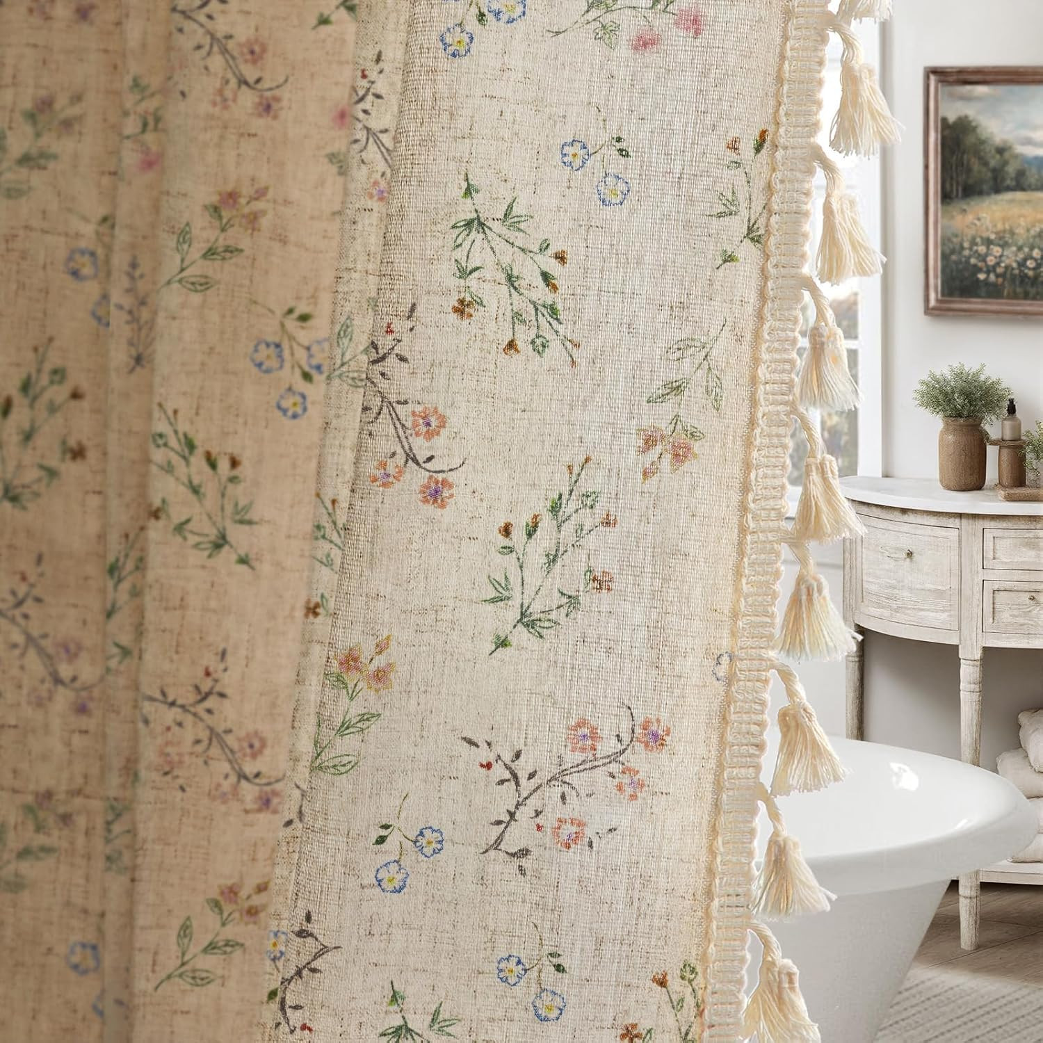 Floral Farmhouse Vintage Linen Shower Curtain, 72X72, French Country Style Floral Farmhouse Vintage Linen Shower Curtain, 72X72, French Country Style