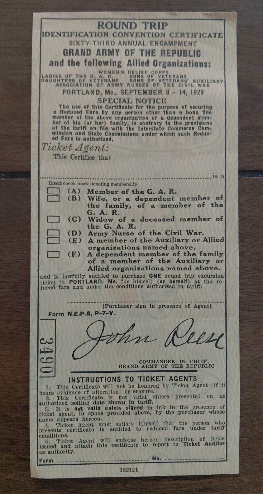 Rare 1929 Grand Army of the Republic Identification Convention Certificate