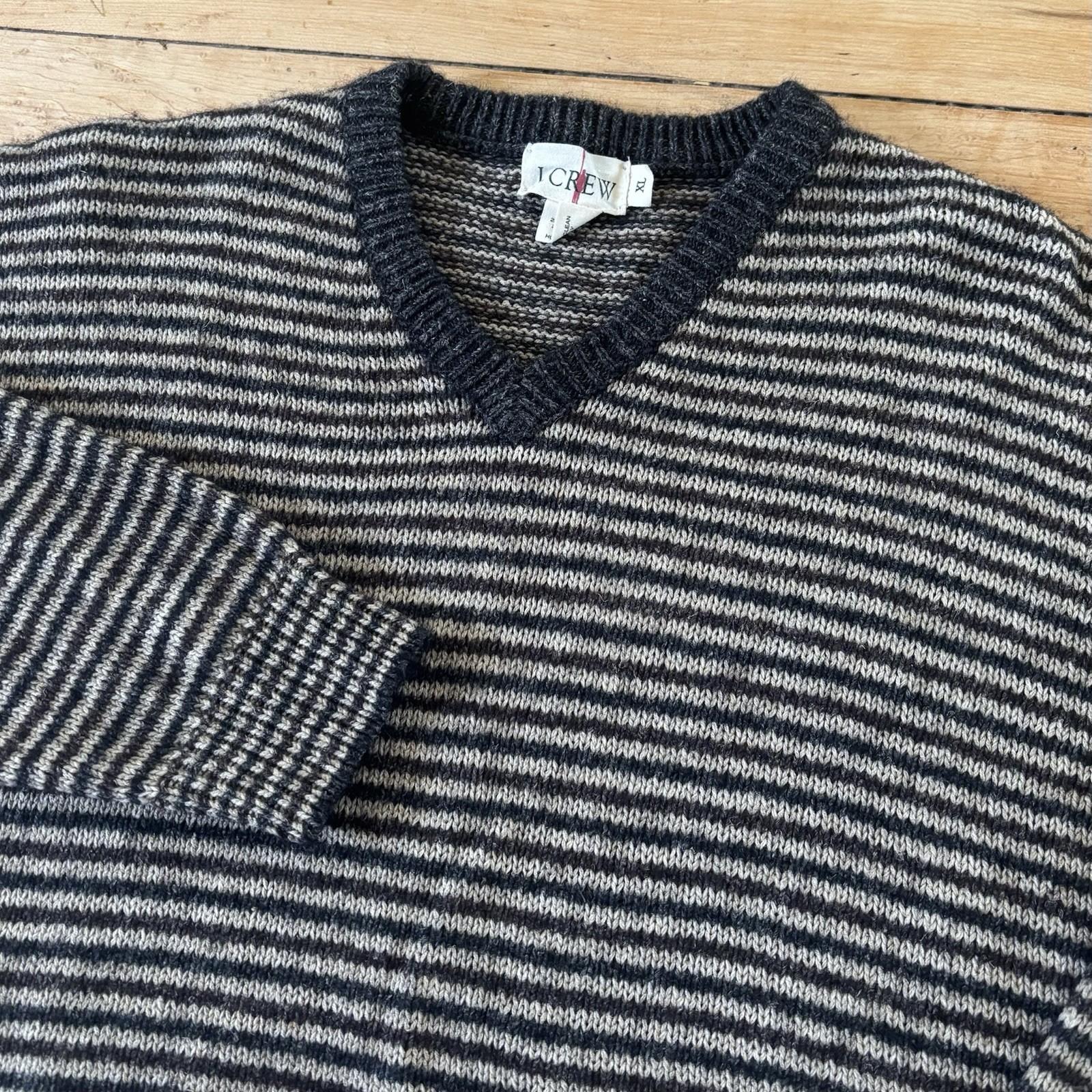 VTG J. Crew Oarsman Sweater Linen Wool Knit Brown Striped Size XL Preppy