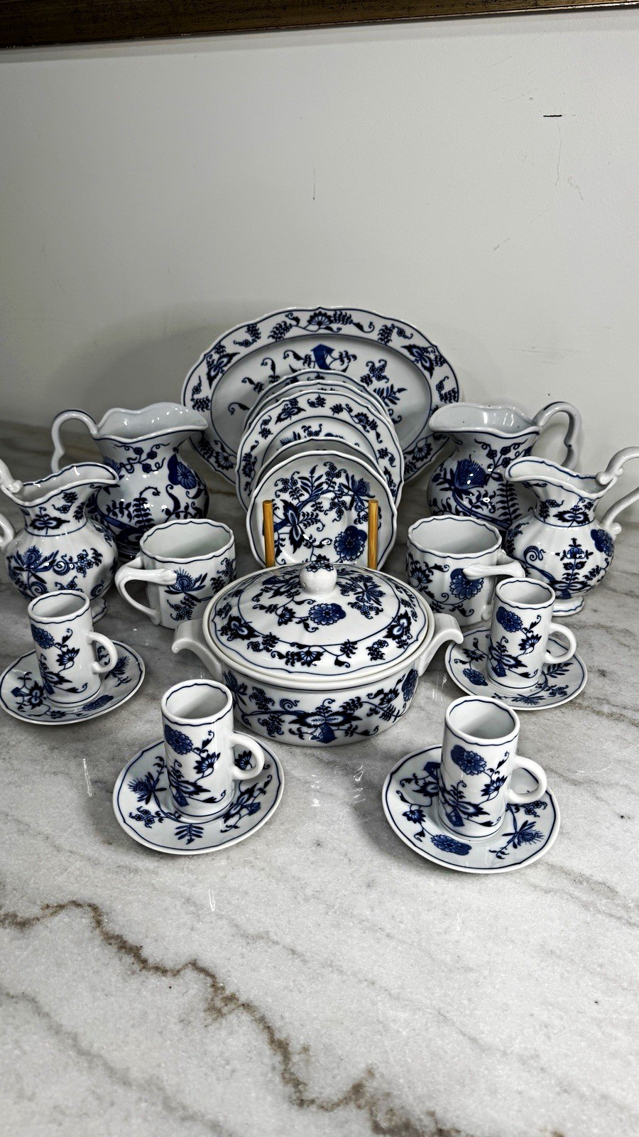 Blue Danube Floral Porcelain Lot - mugs, pitchers, server, plates, platter