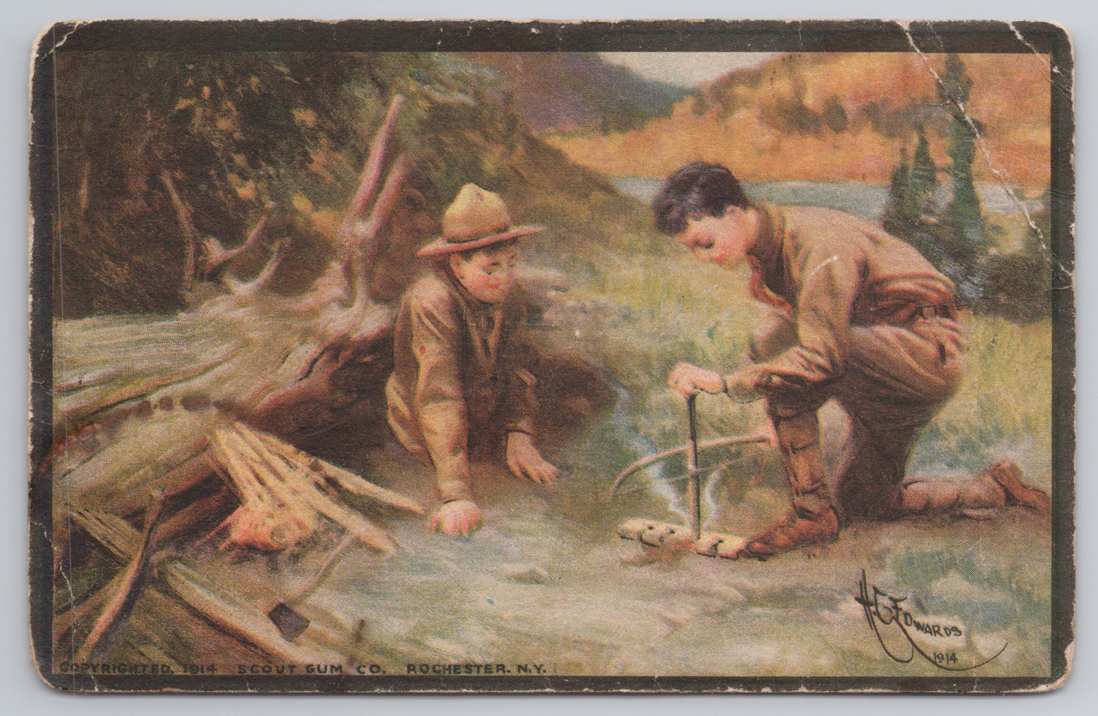 Vintage 1914 Boy Scouts Making Fire Postcard Scout Gum Co Rochester New York Vintage 1914 Boy Scouts Making Fire Postcard Scout Gum Co Rochester New York