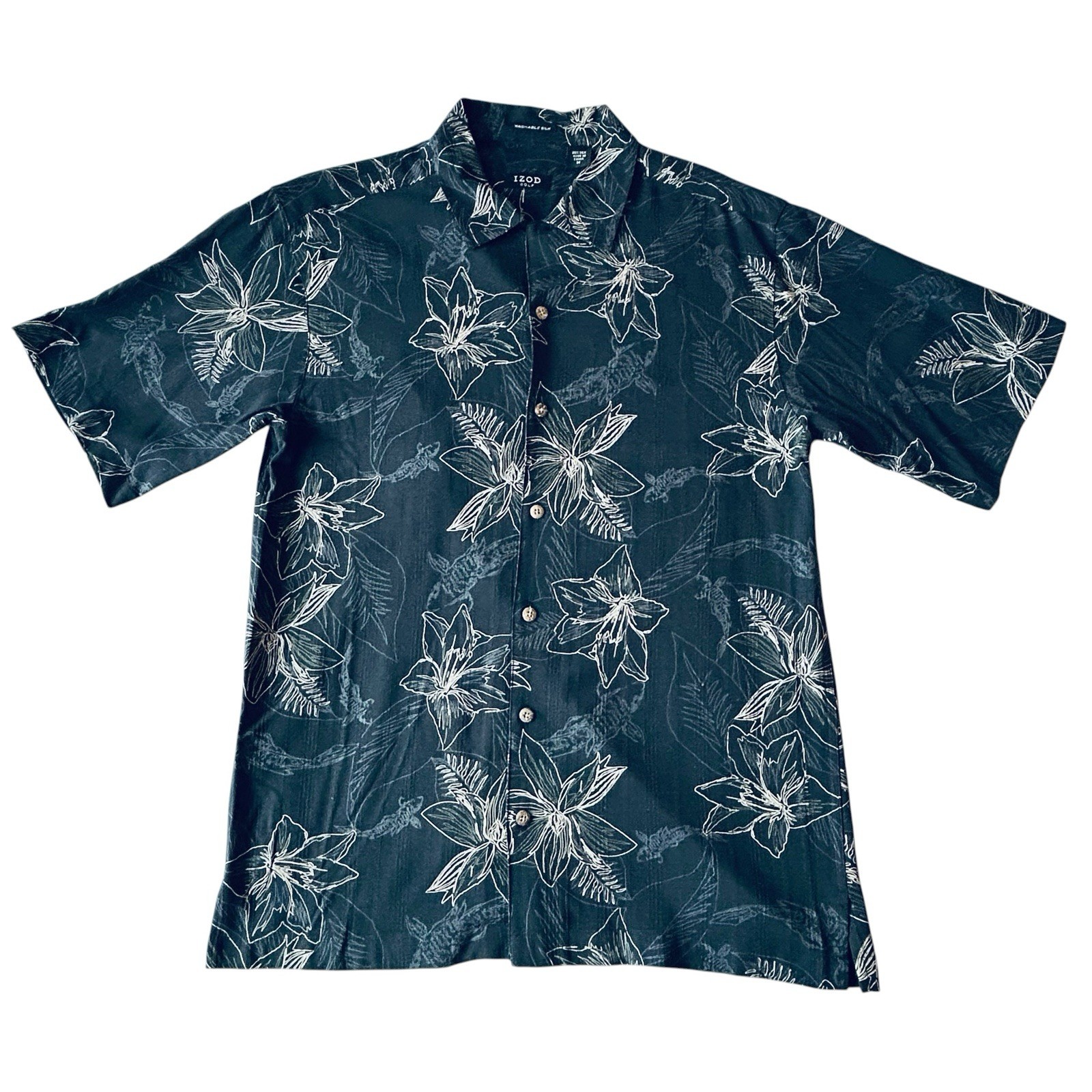IZOD Golf Washable Silk Hawaiian Camp Shirt Mens M Black Floral Koi Fish NWT