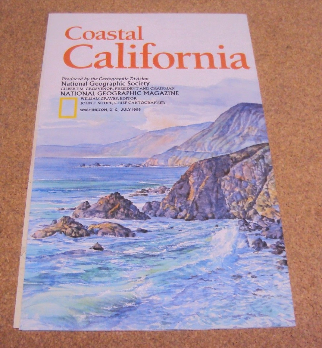 Vintage National Geographic July 1993 Map Poster Coastal California