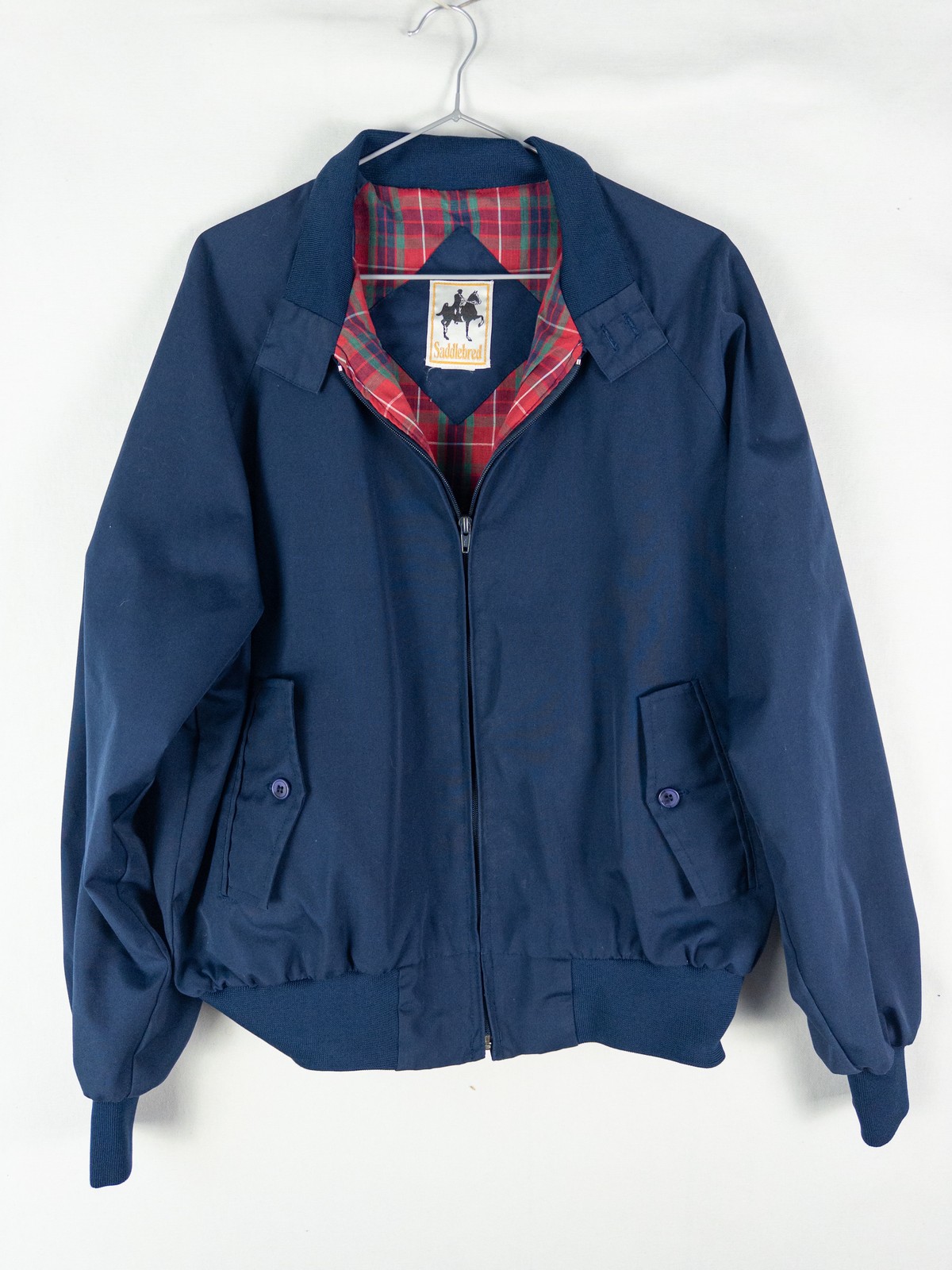 Vintage Saddlebred Harrington Zip Jacket Mens Navy Blue Plaid Lined Retro Preppy