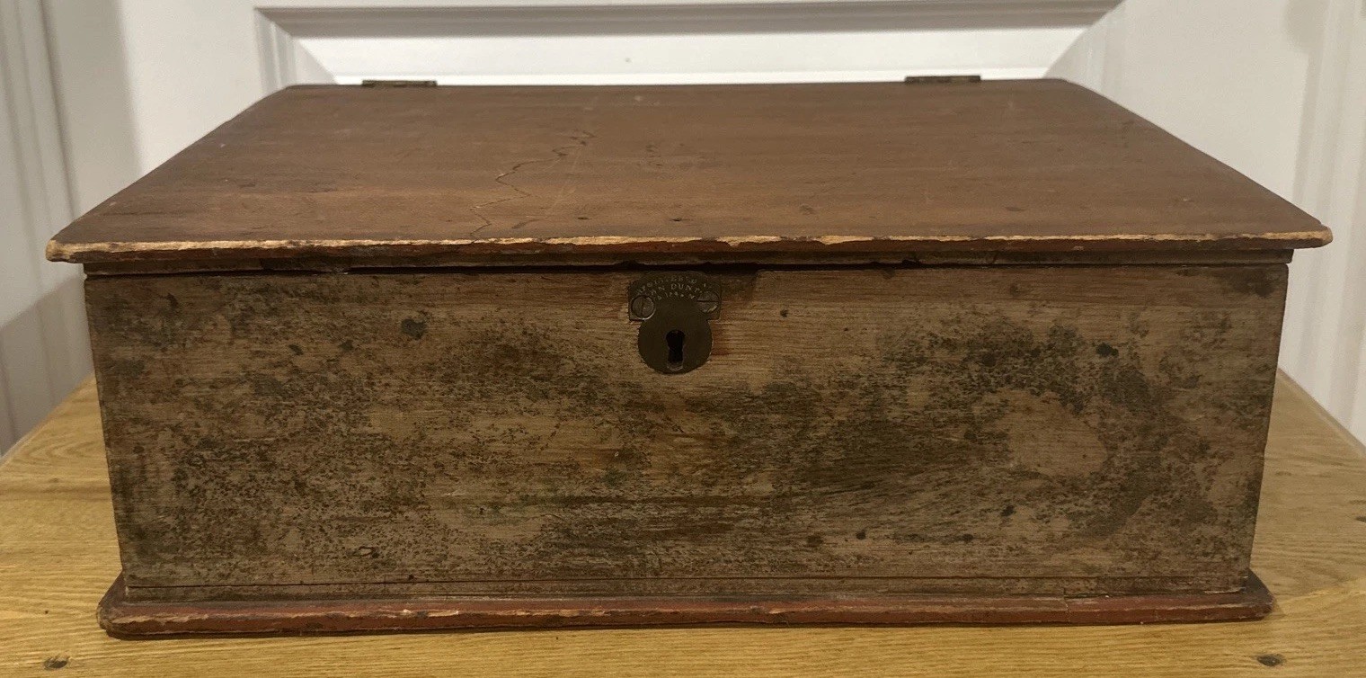 AWESOME ANTIQUE 19C BIBLE BOX ORIGINAL GRAINED PAINT CURVED BACK - NO KEY