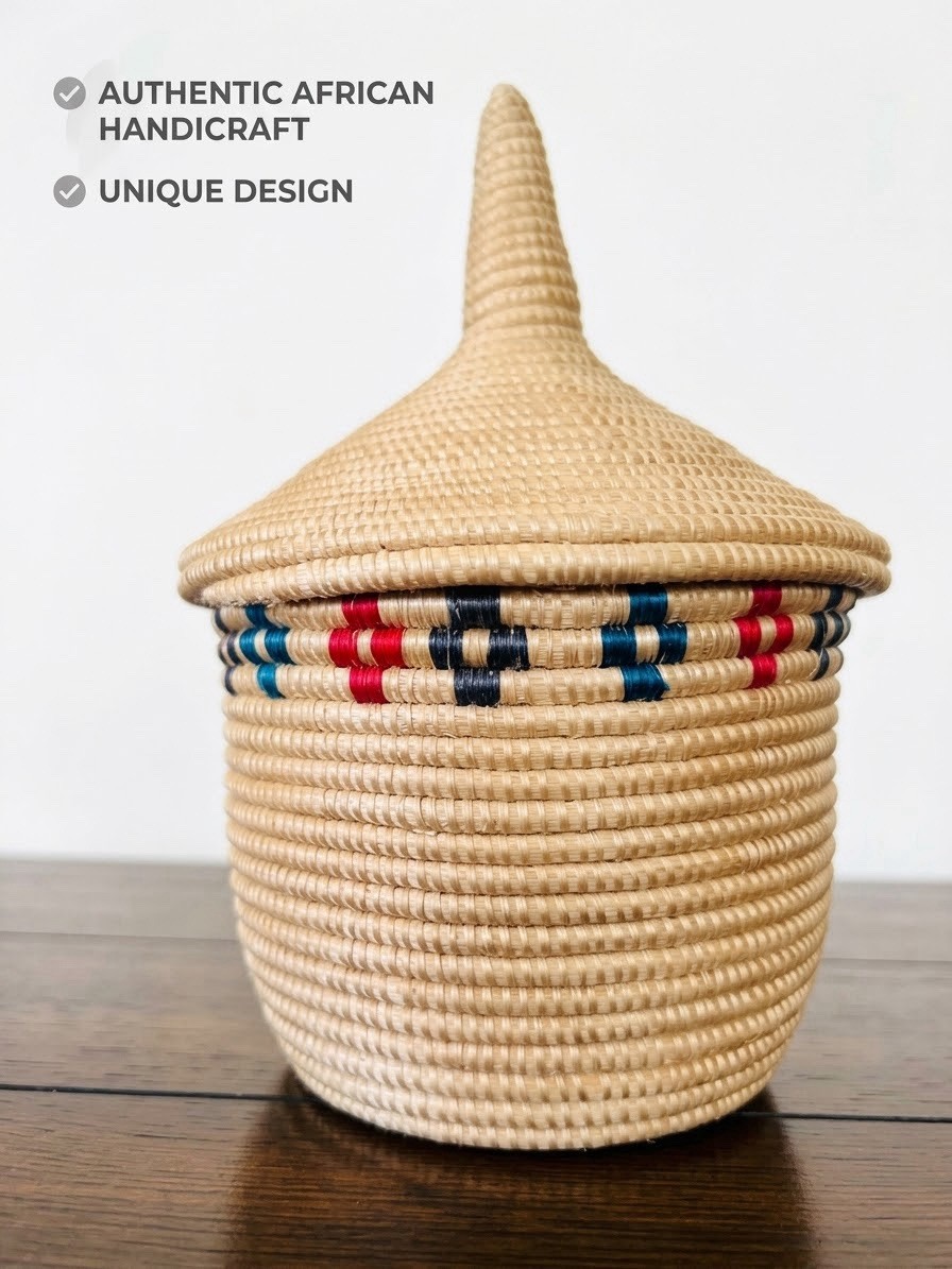 Vintage 7.5” Traditional African Hand Woven Small Basket With Lid Agaseke Style