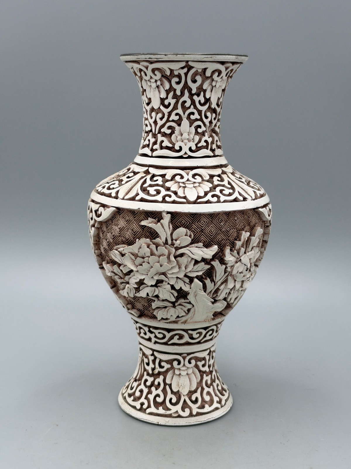 Vintage Chinese White Cinnabar Lacquer Vase, Brass Base, Export Ware c.1950-1970