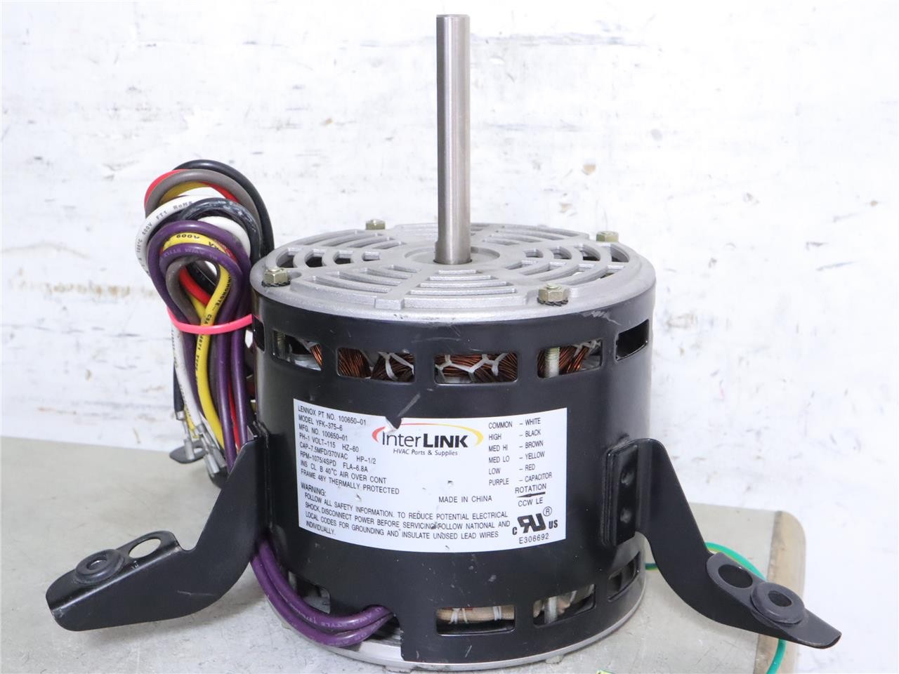InterLink 100650-01 Furnace Blower Motor YFK-375-6 1/2HP 1075RPM 4SPD 115V CCWLE