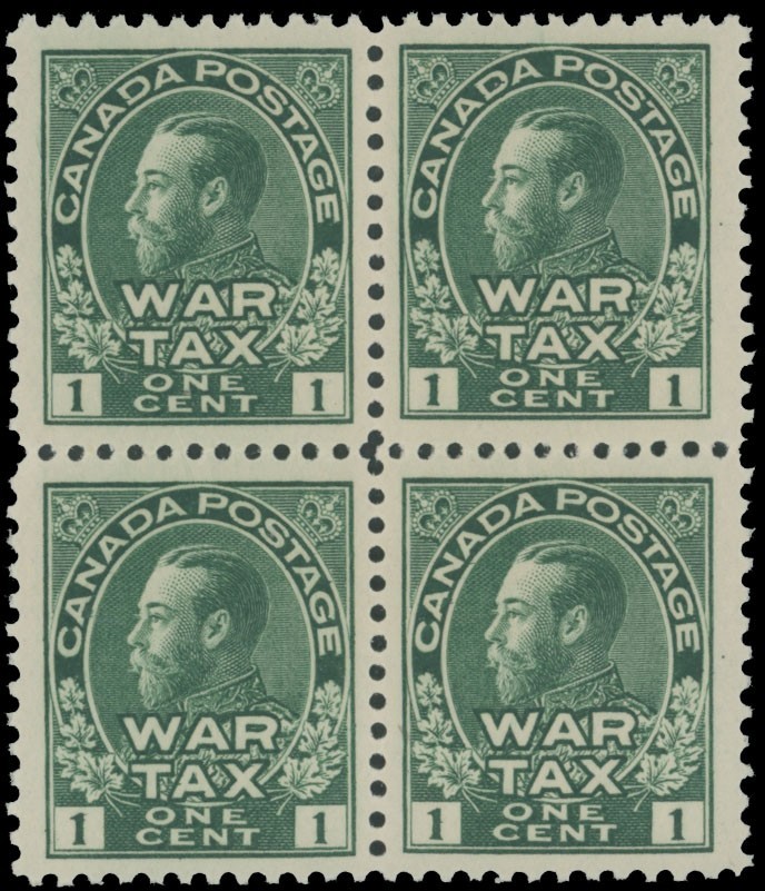 1915 CANADA WAR TAX STAMPS 1C GREEN, WELL CENTERED BLOCK OF 4, NH UN.#MR1