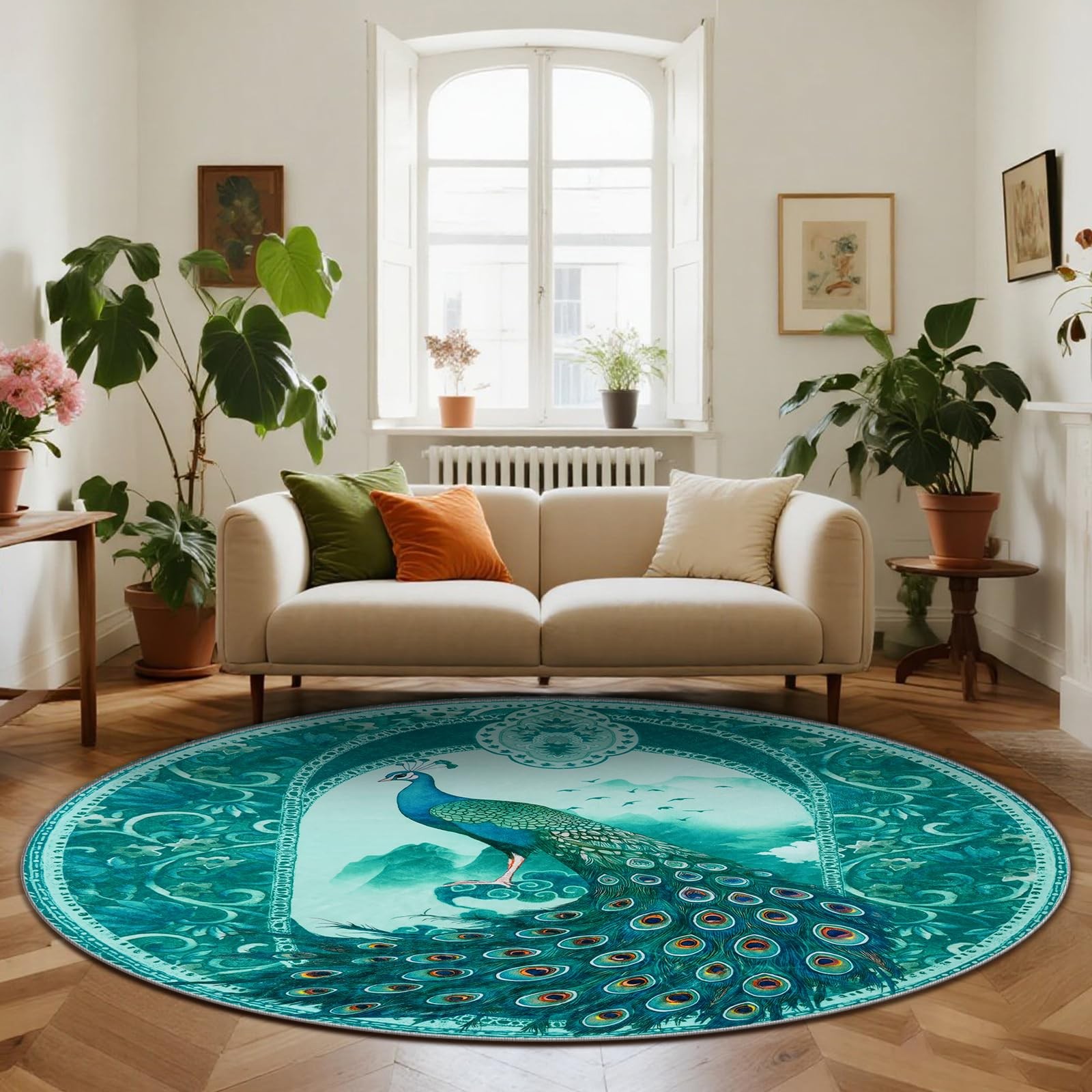 FLYRUGGO Round 5ft Rug with Peacock, Cute Animal 5 ft Round, Teal Peacock FLYRUGGO Round 5ft Rug with Peacock, Cute Animal 5 ft Round, Teal Peacock