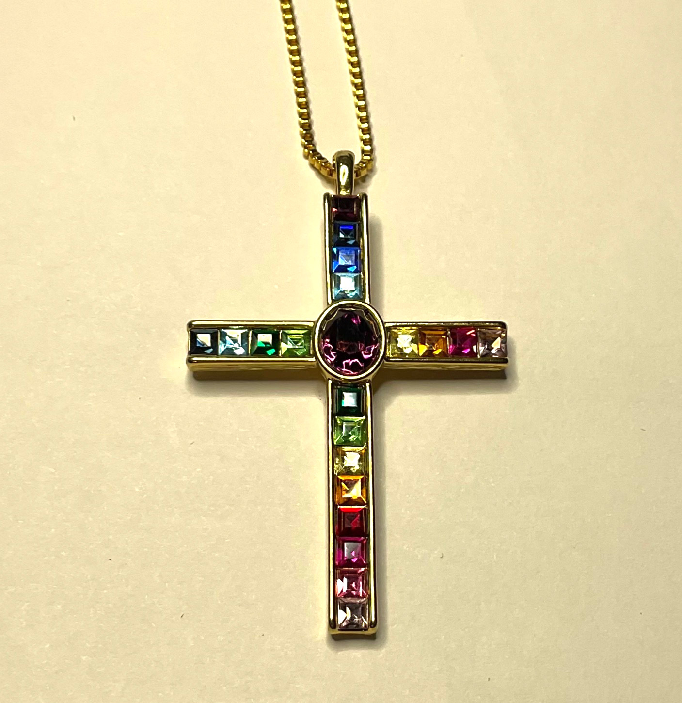 VINTAGE 1998 SIGNED P.S.C.O. CROSS NECKLACE FACETED RAINBOW COLORS 30\