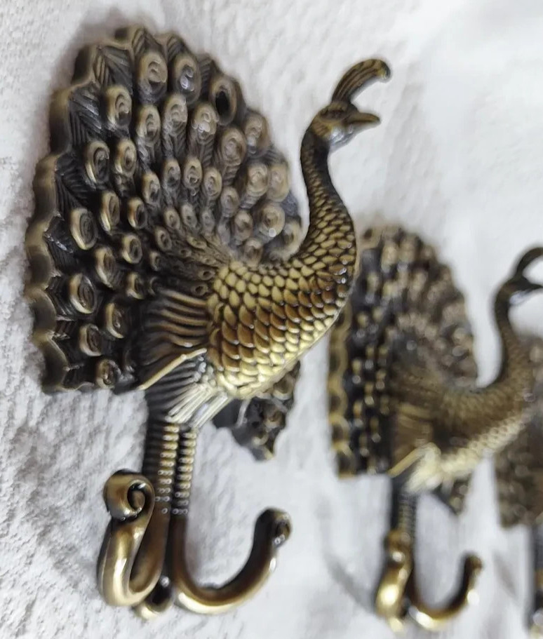 2; VINTAGE BRASS &Metal Bronze PEACOCK Double Hook Wall Mount Bird Coat Hanger