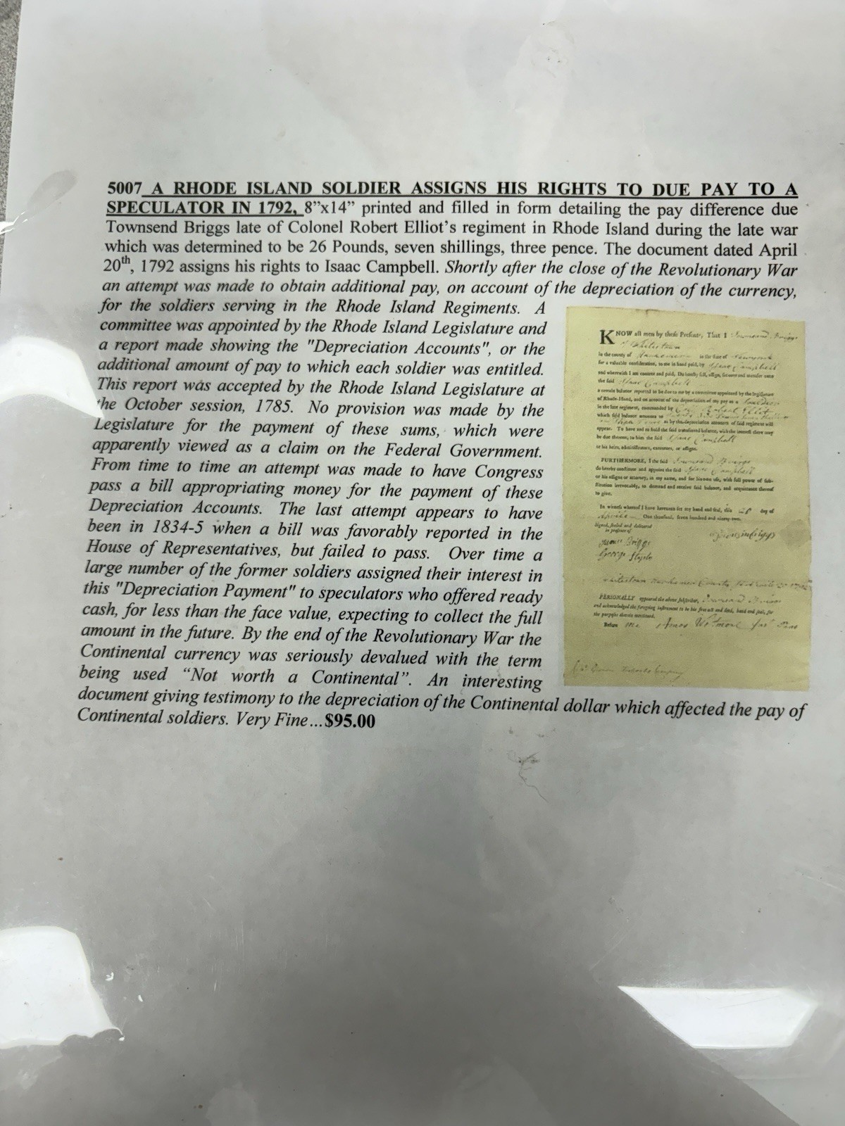 1792 Rhode Island Revolutionary War Soldier Pay Assignment Document