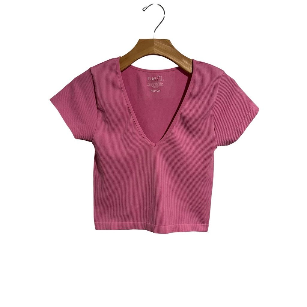 Rue 21 Ribbed V-Neck Crop Top Womens Size Medium Pink Casual Spring Blouse Shirt