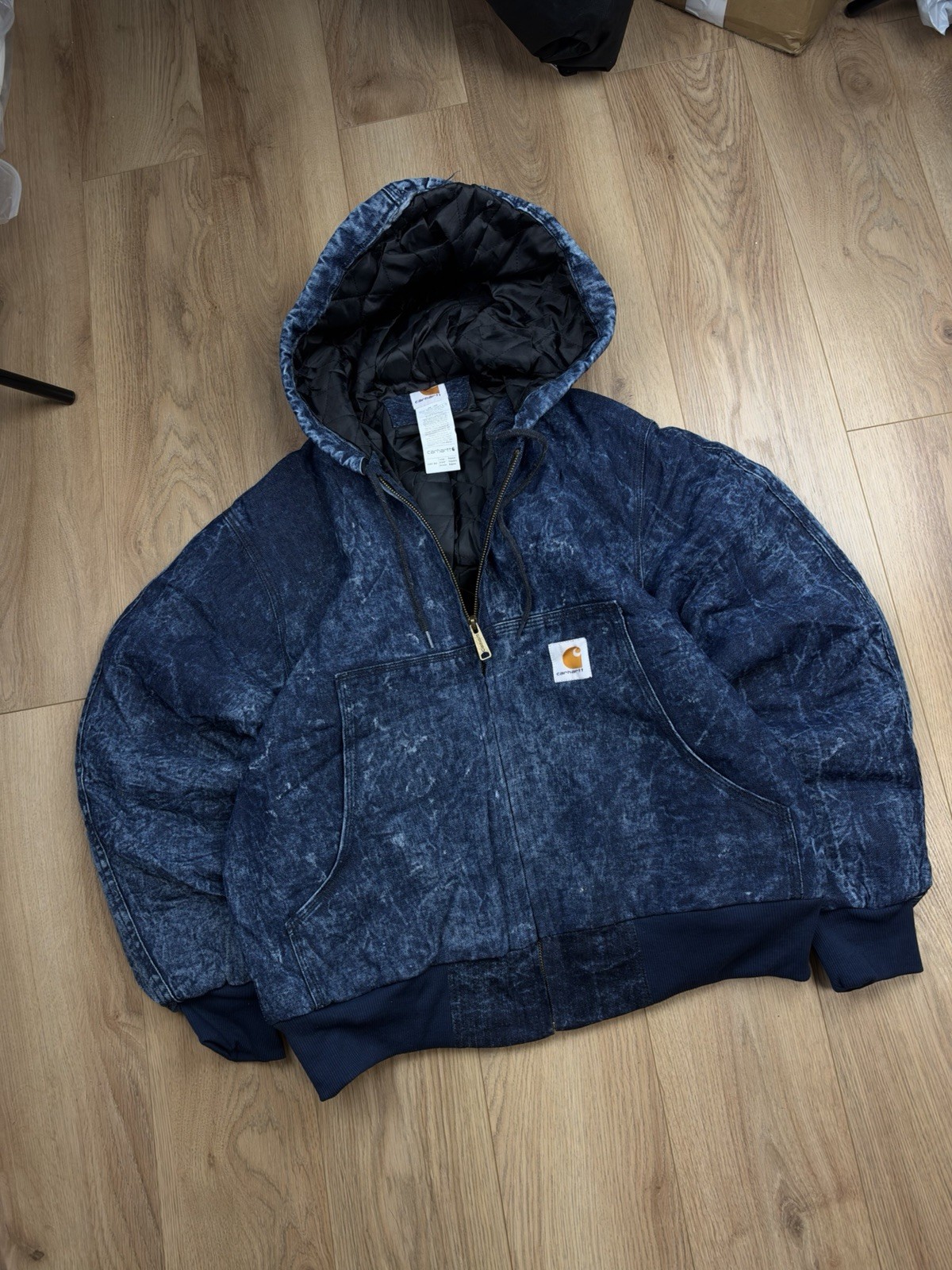 Carhartt Jacket Acid Wash Canvas WorkWear Durable Hooded Navy Blue Vintage Large