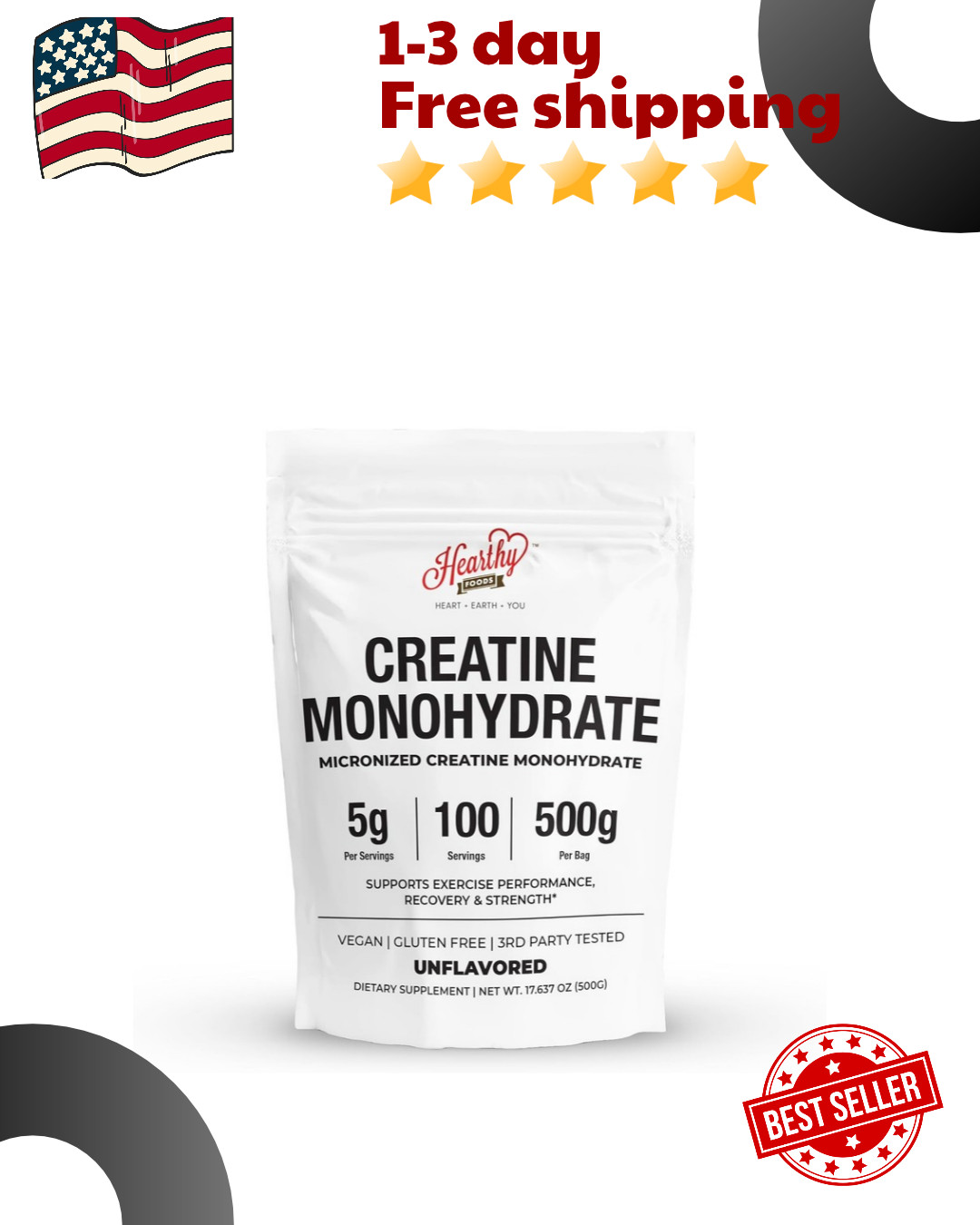 HEARTHY FOODS Creatine Monohydrate Micronized Powder 500G - 100 Servings, 5000mg