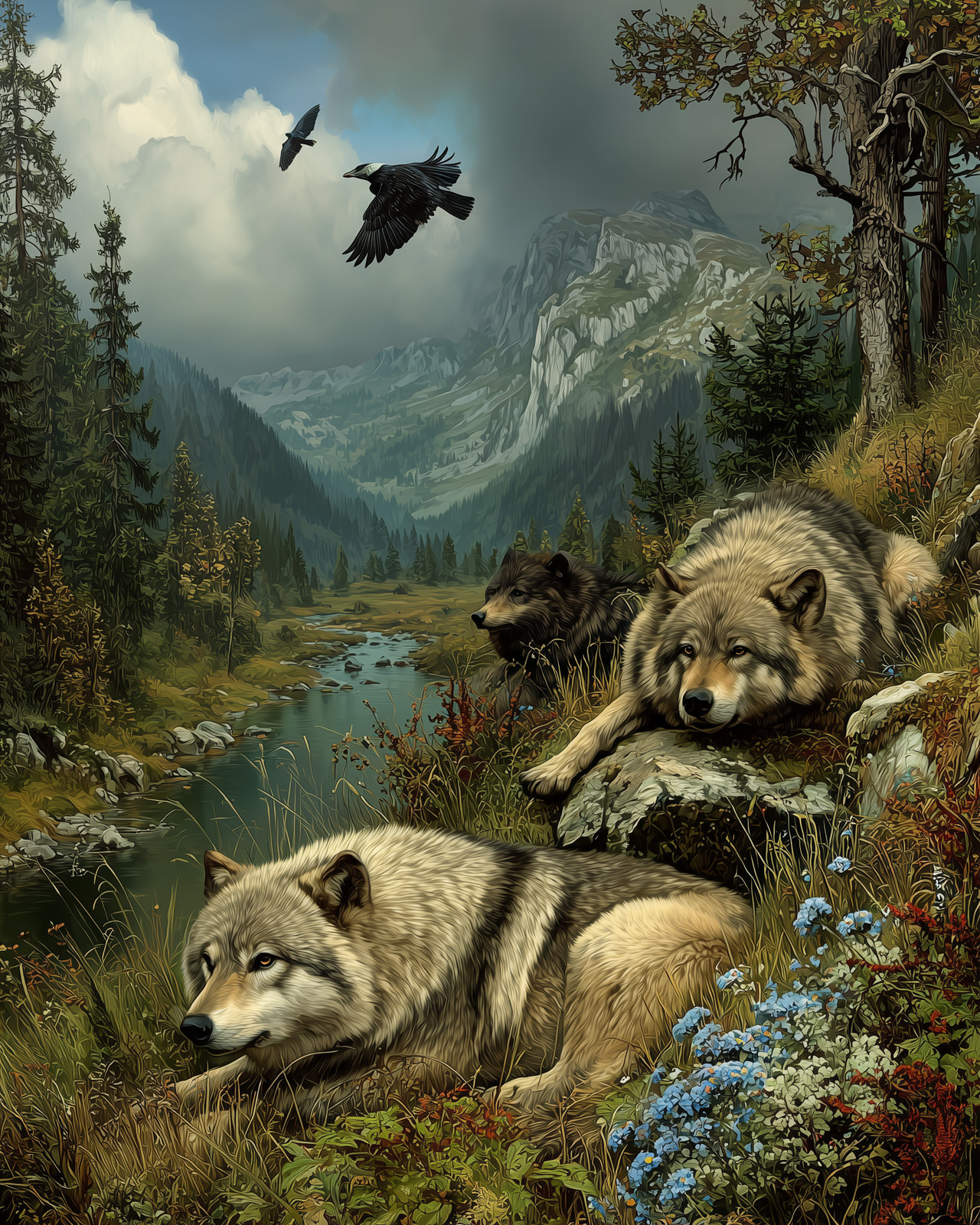 Three Wolves Resting Beside Mountain Stream and Flowers Print - 837365555
