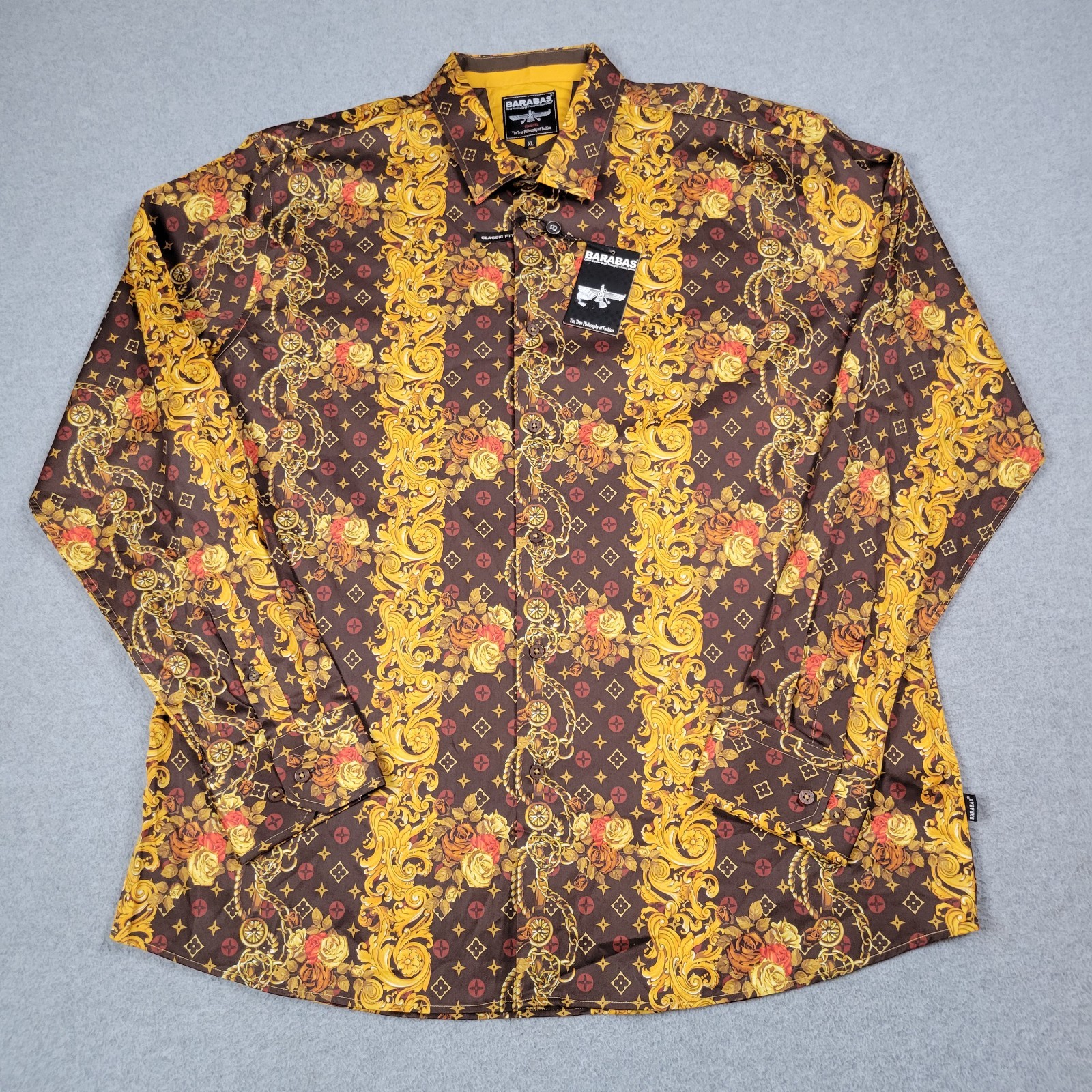Barbara Shirt Men XL Brown Gold L/S Designer Baroque Geometric Floral Rose New
