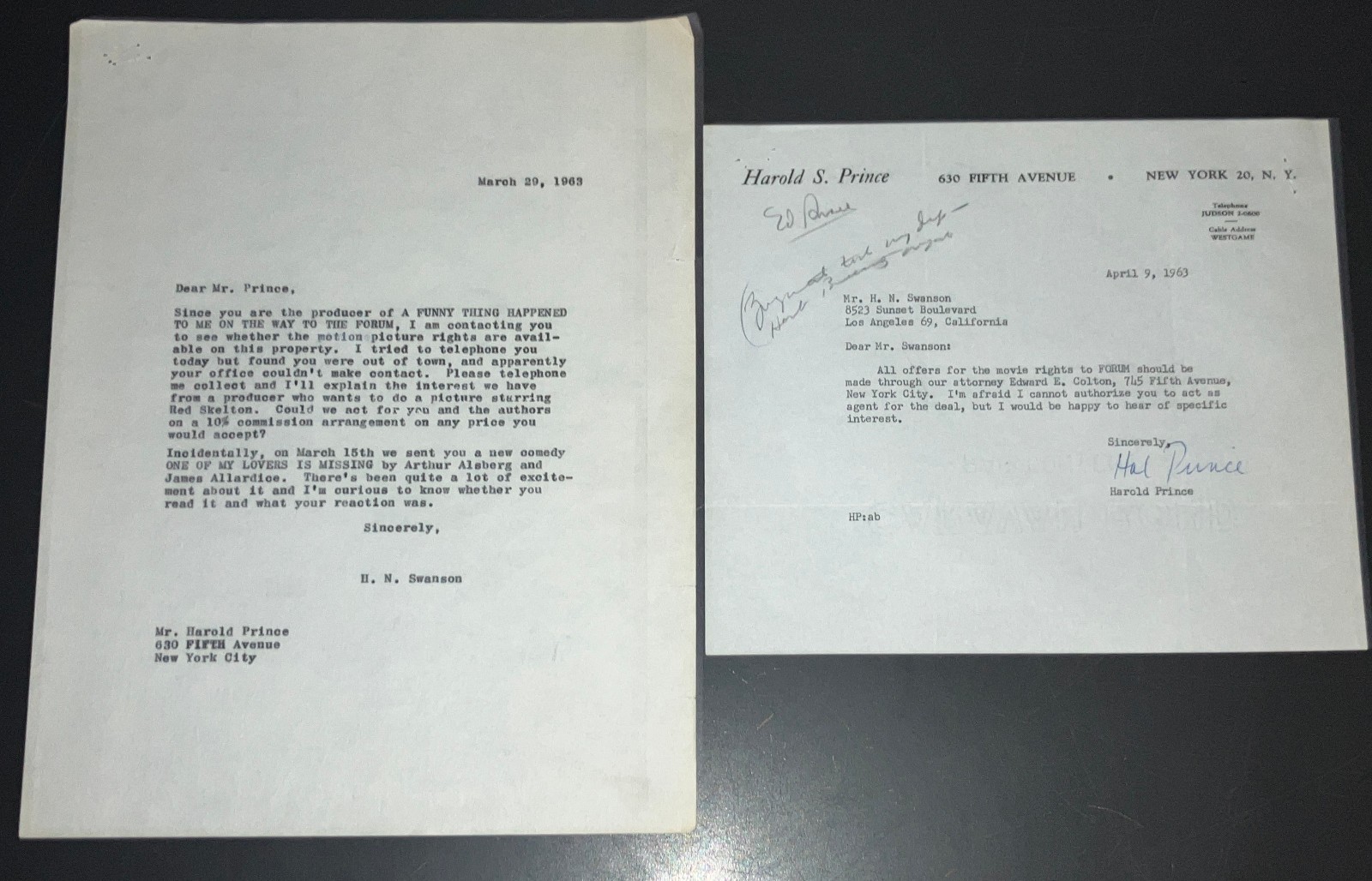 Hal Prince Signed Letter 1963 H.N. Swanson Broadway Producer Funny Thing COA