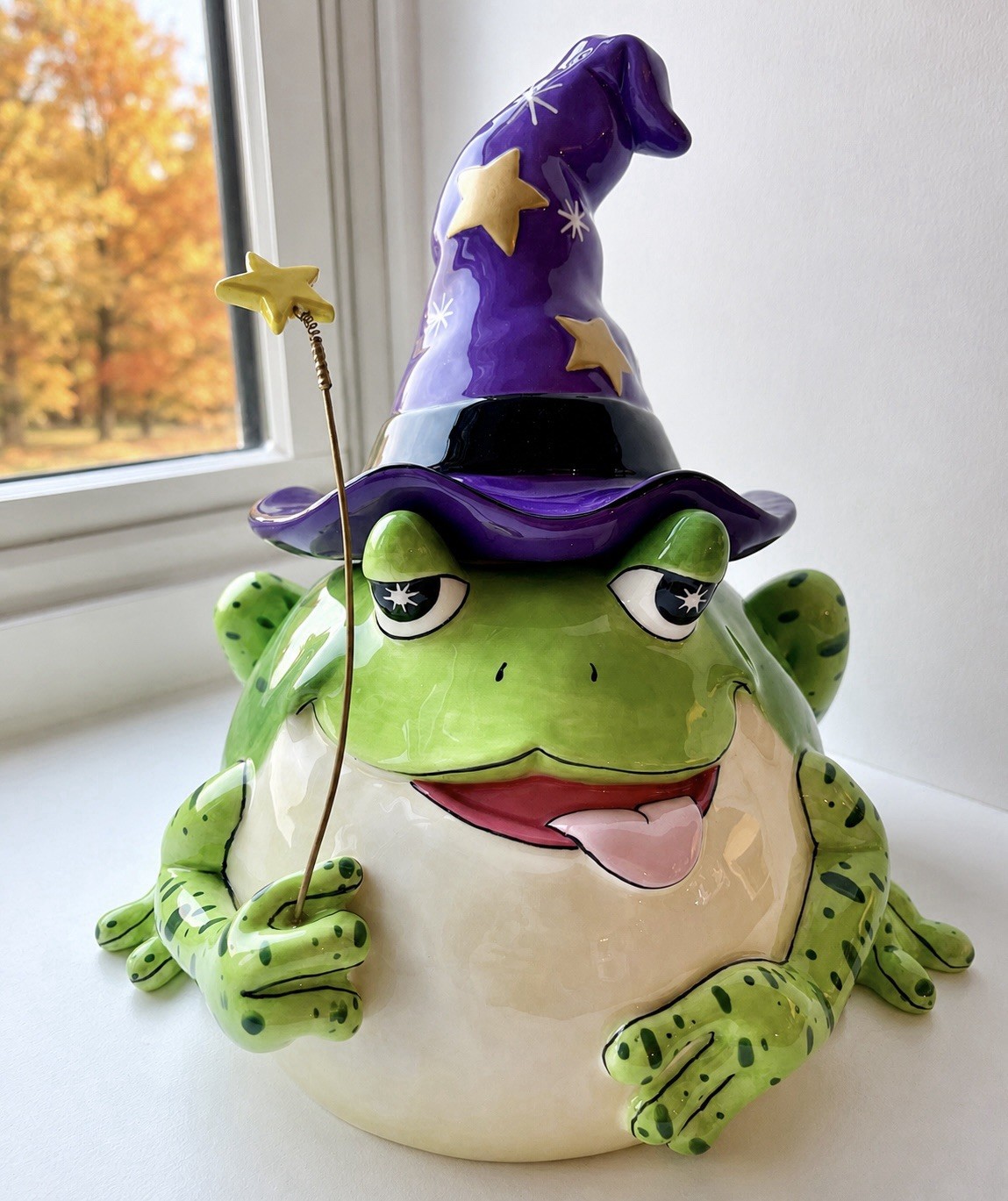 Rare Fitz and Floyd Spell Bound Frog Wizard Cookie Jar with Wand, Excellent 