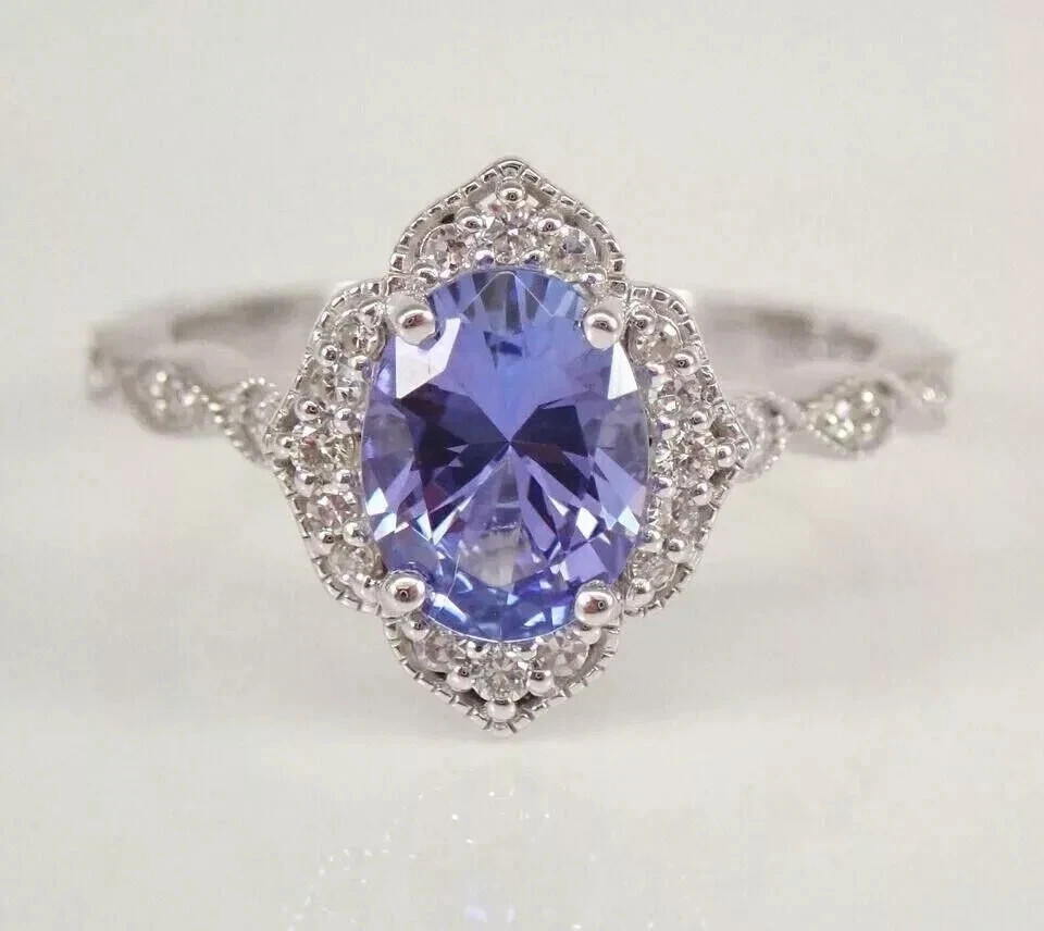 2.40 Ct Oval Cut Natural Tanzanite & Diamond Wedding Ring 14K White Gold