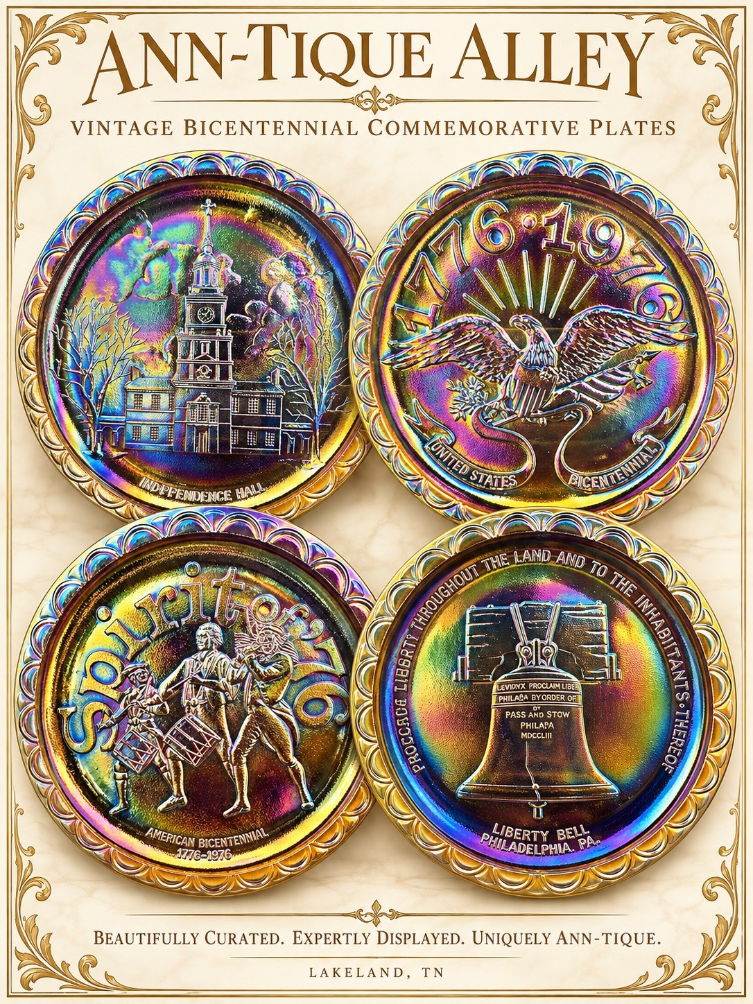 Vtg Indiana Glass 1976 Bicentennial Carnival Glass Plate Set of 4