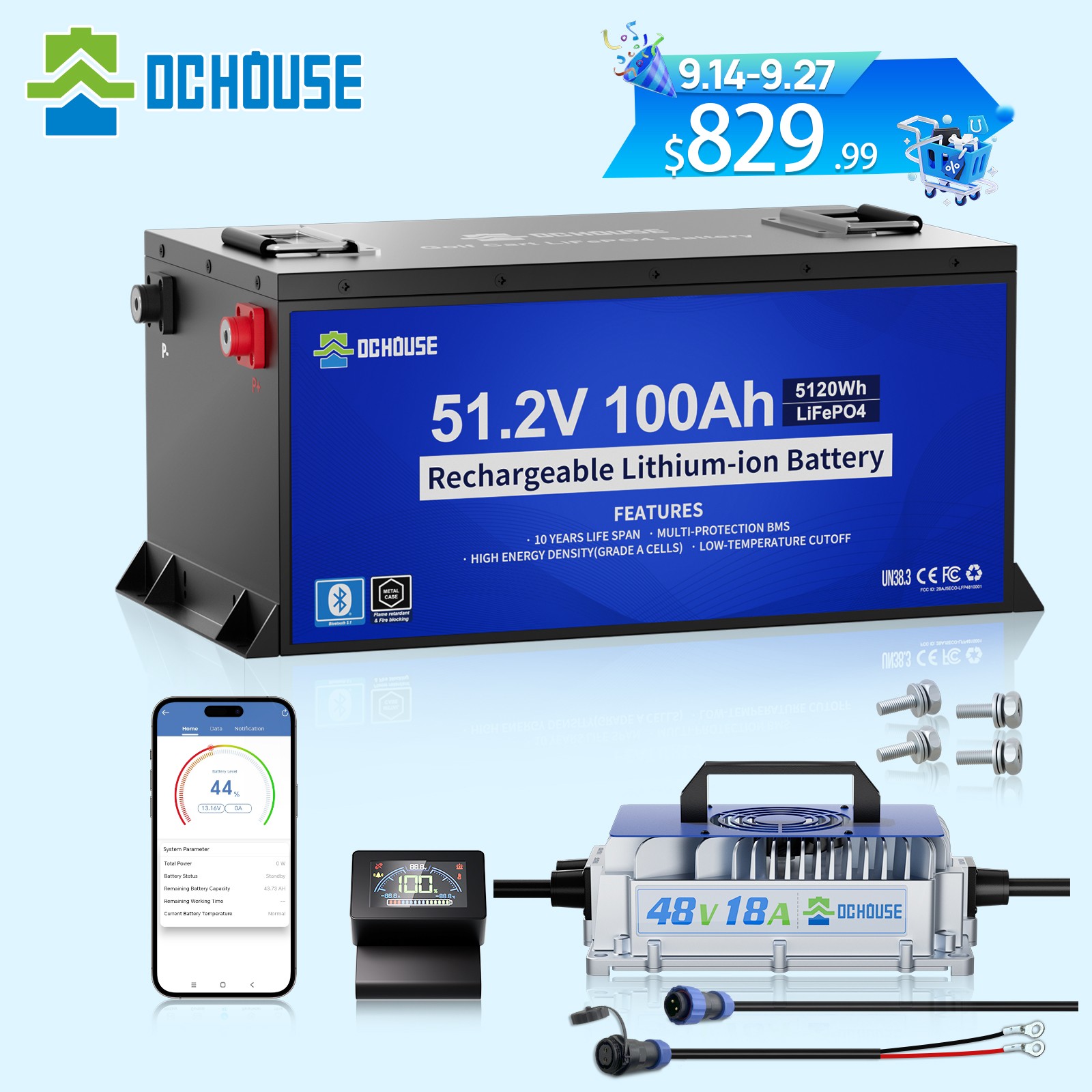 DC HOUSE 48V 100Ah Lifepo4 Lithium Golf Cart Battery Metal Case +48V 18A Charger