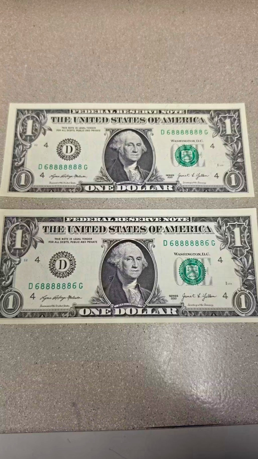 US $1 Federal Reserve Notes SUPER RADAR & 7 IN A ROW Serials 68888888 & 68888886