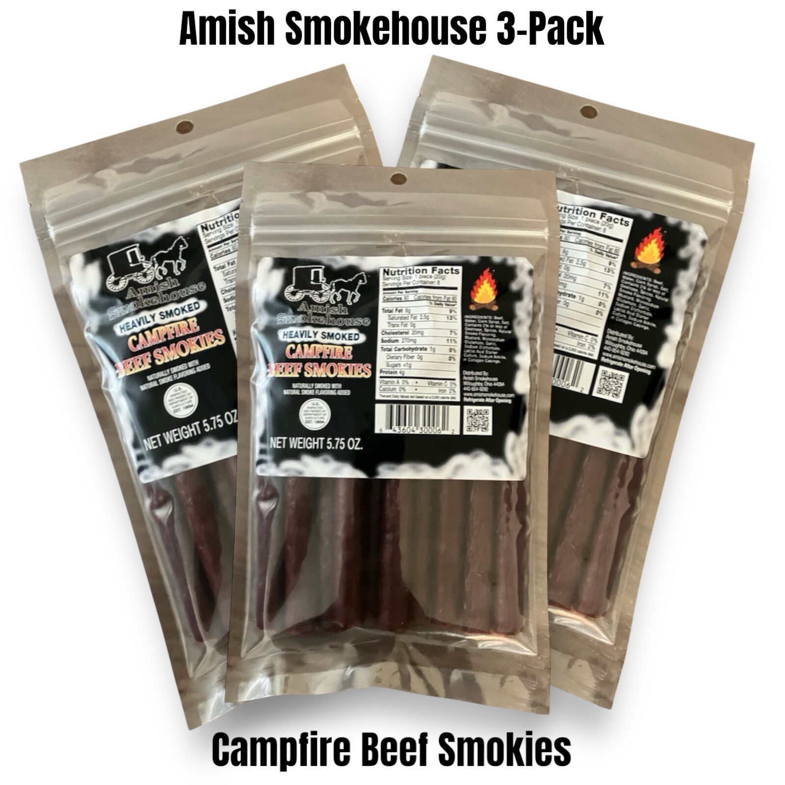 Amish Smokehouse Campfire Beef Sticks (3) 5.75oz Bagged Resealable Smokies, Amish Smokehouse Campfire Beef Sticks (3) 5.75oz Bagged Resealable Smokies,
