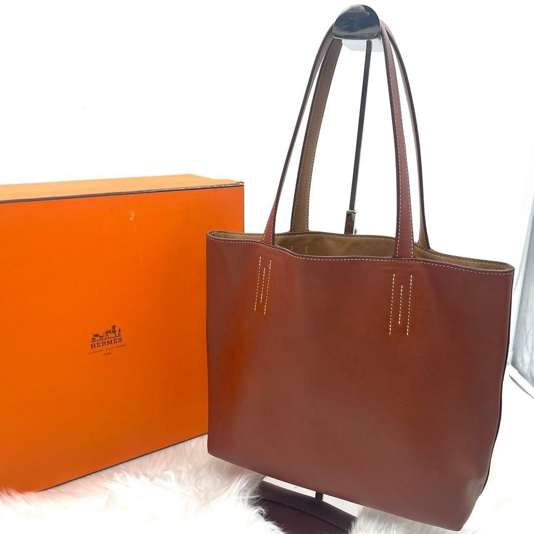 HERMES Double Sens 36 Reversible Tote Bag Veau Sikkim Leather Brown Square JO