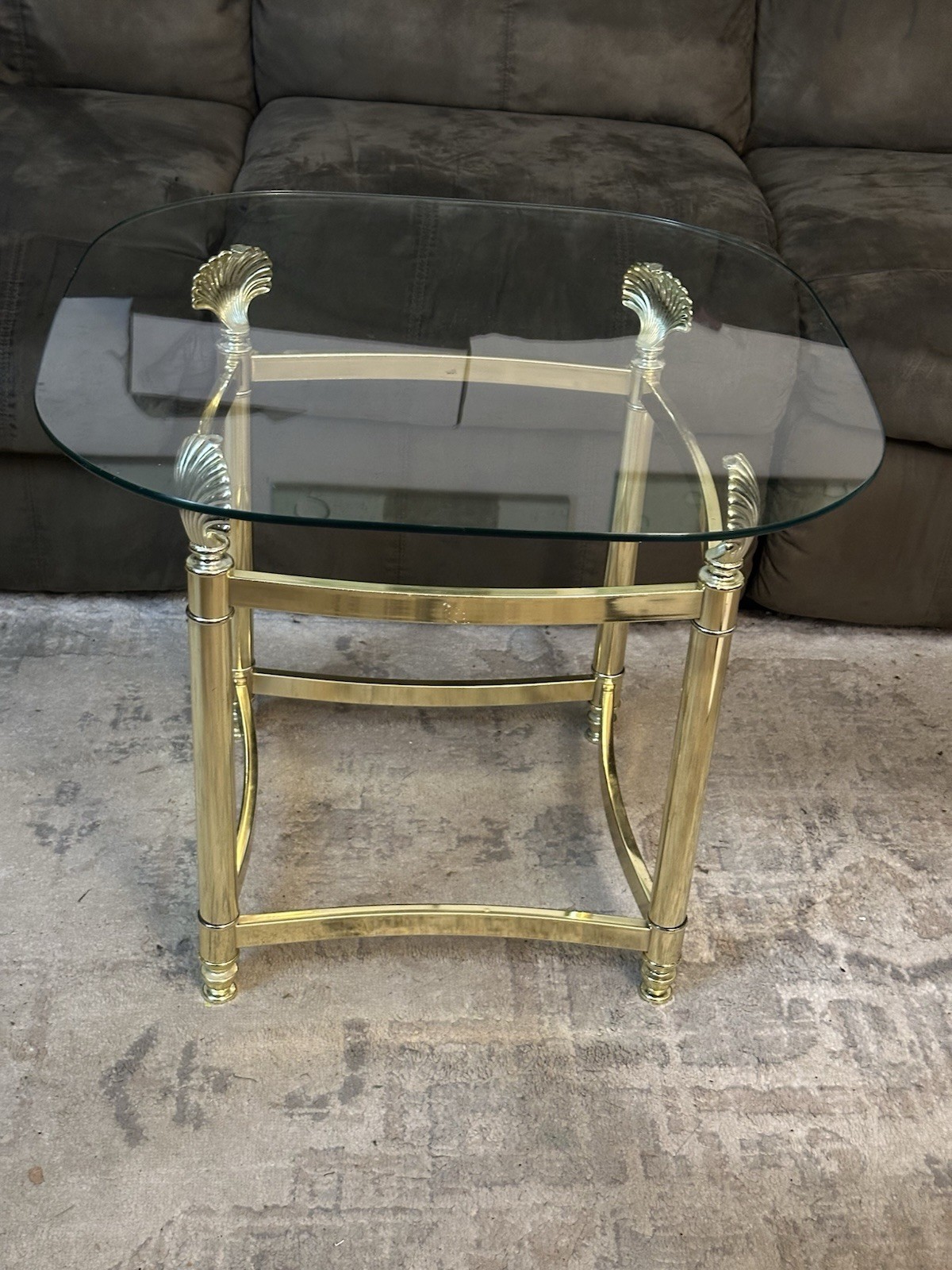 MCM Gold Lacquered Brass Shell Scallops End Table W/ Glass Top Coastal Regency