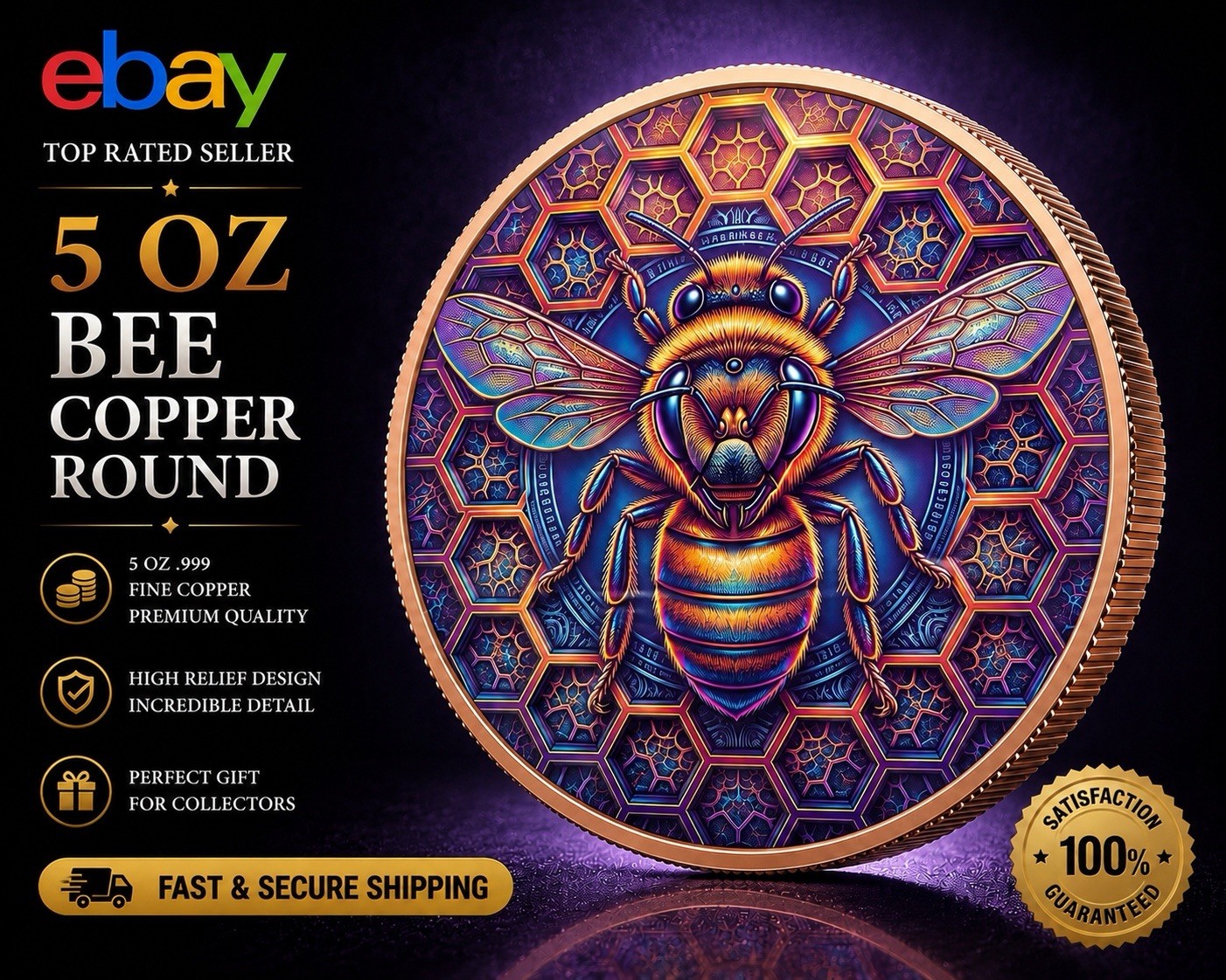 STUNNING Honeycomb Bee High Relief 5 Oz 0.999 Fine Copper Round